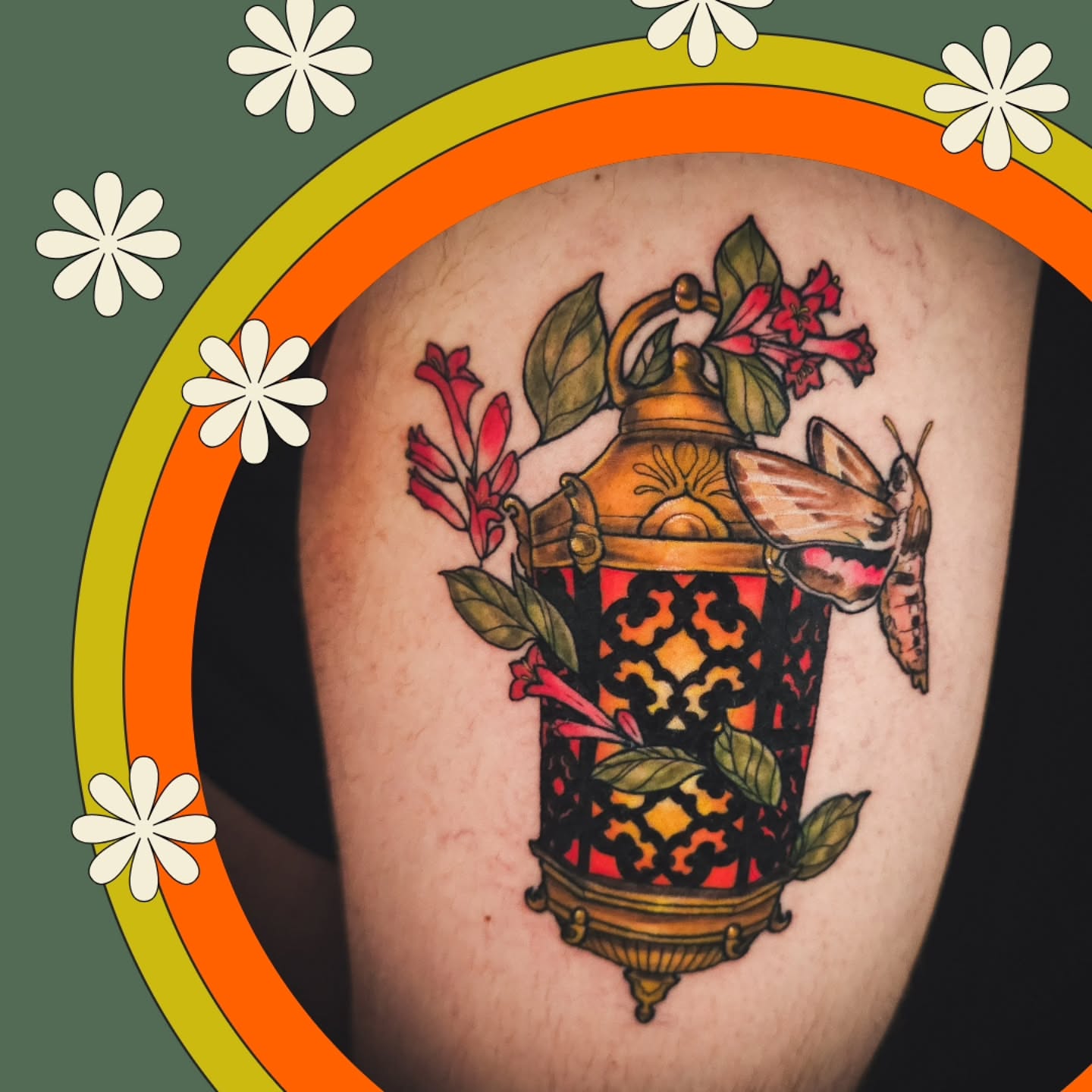 Lantern with moth new school tattoo on the forearm by Eva the Tattoo Fartist in Seattle, WA, Seattle, Washington