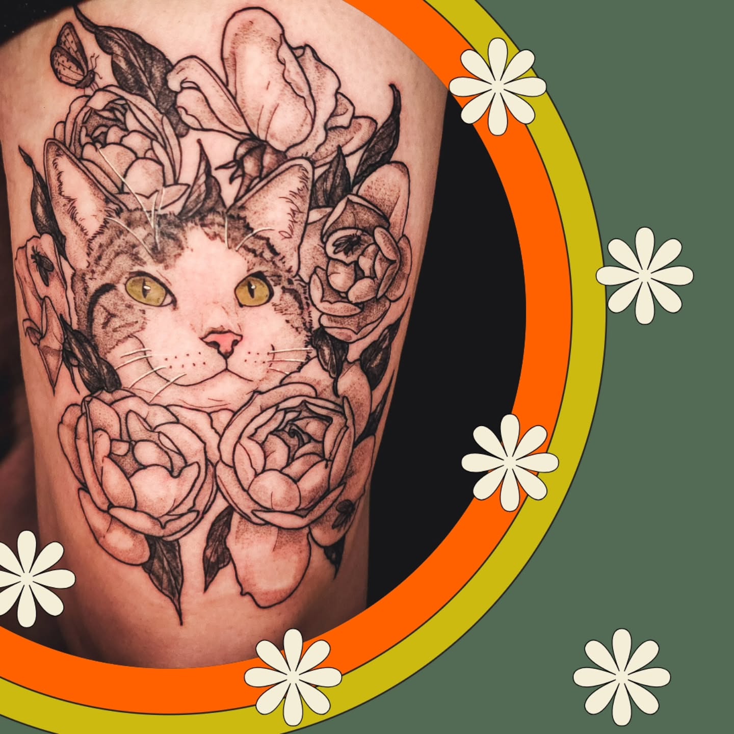 Cat and roses black and grey tattoo on the thigh by Eva the Tattoo Fartist in Seattle, WA, Seattle, Washington
