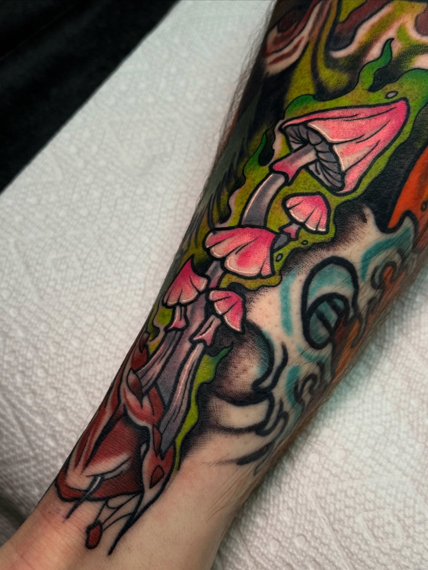 Mushroom new school tattoo on the forearm by Cory Cartwright