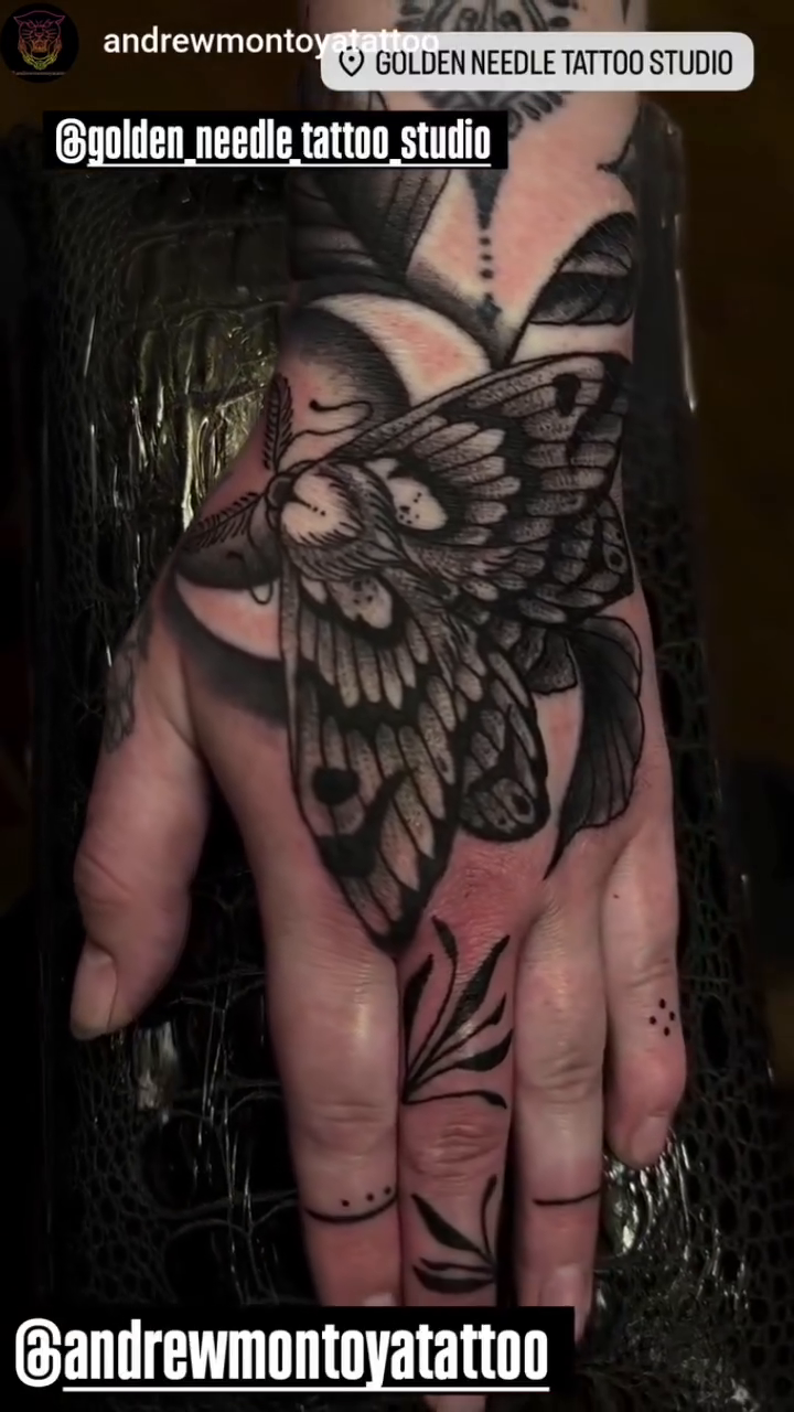 Moth on hand fine line tattoo on the hand by Andrew Montoya