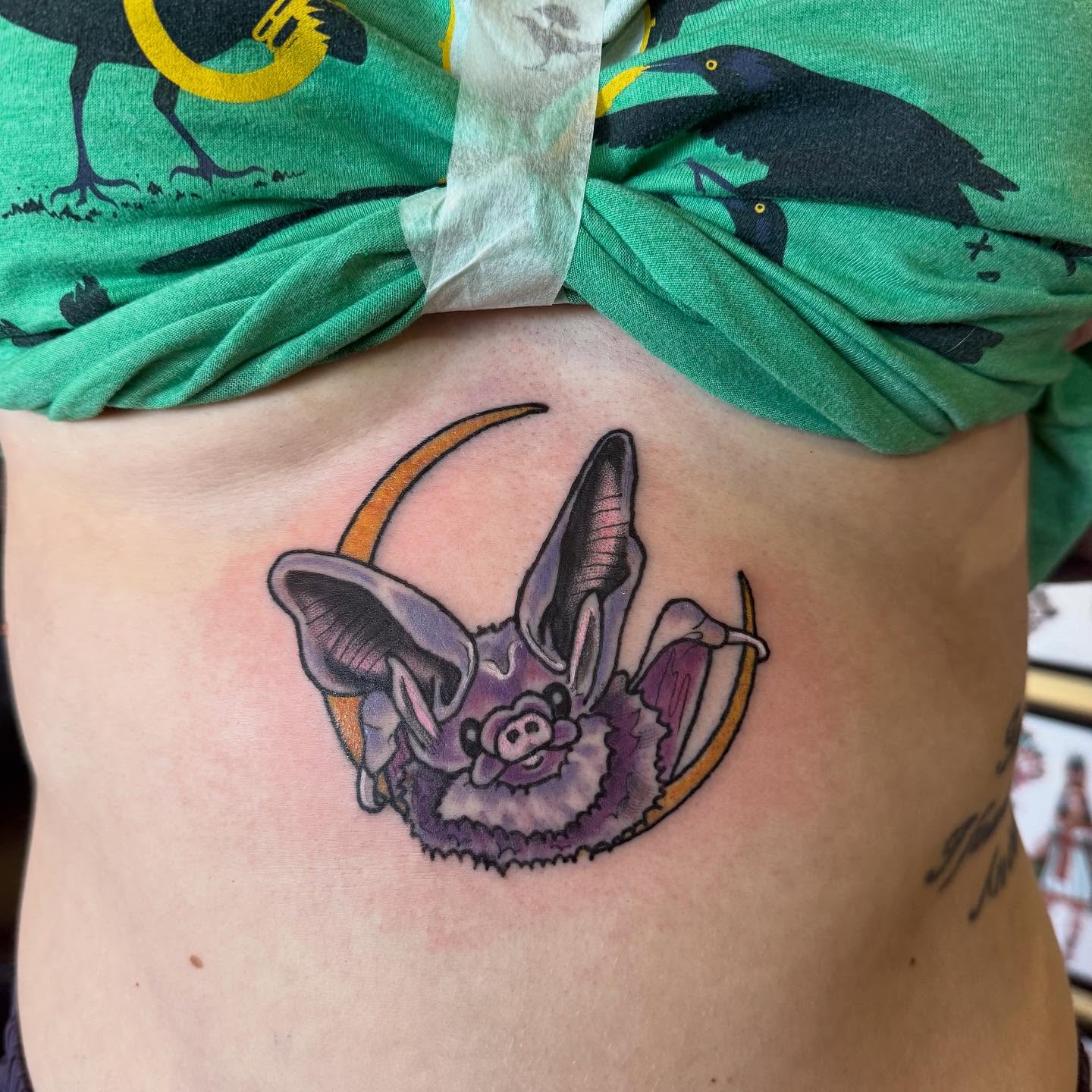 Bat new school tattoo on the ribs by Erin McDavis