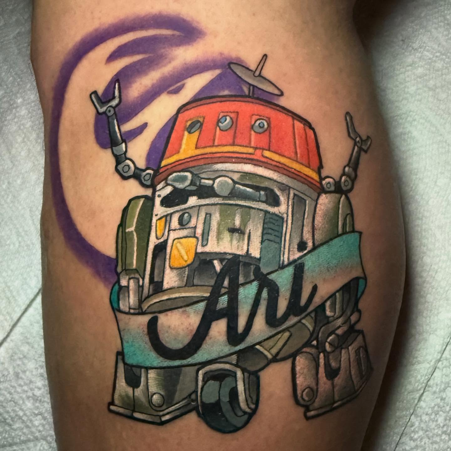 Boba Fett helmet American traditional tattoo on the thigh by taylor mills