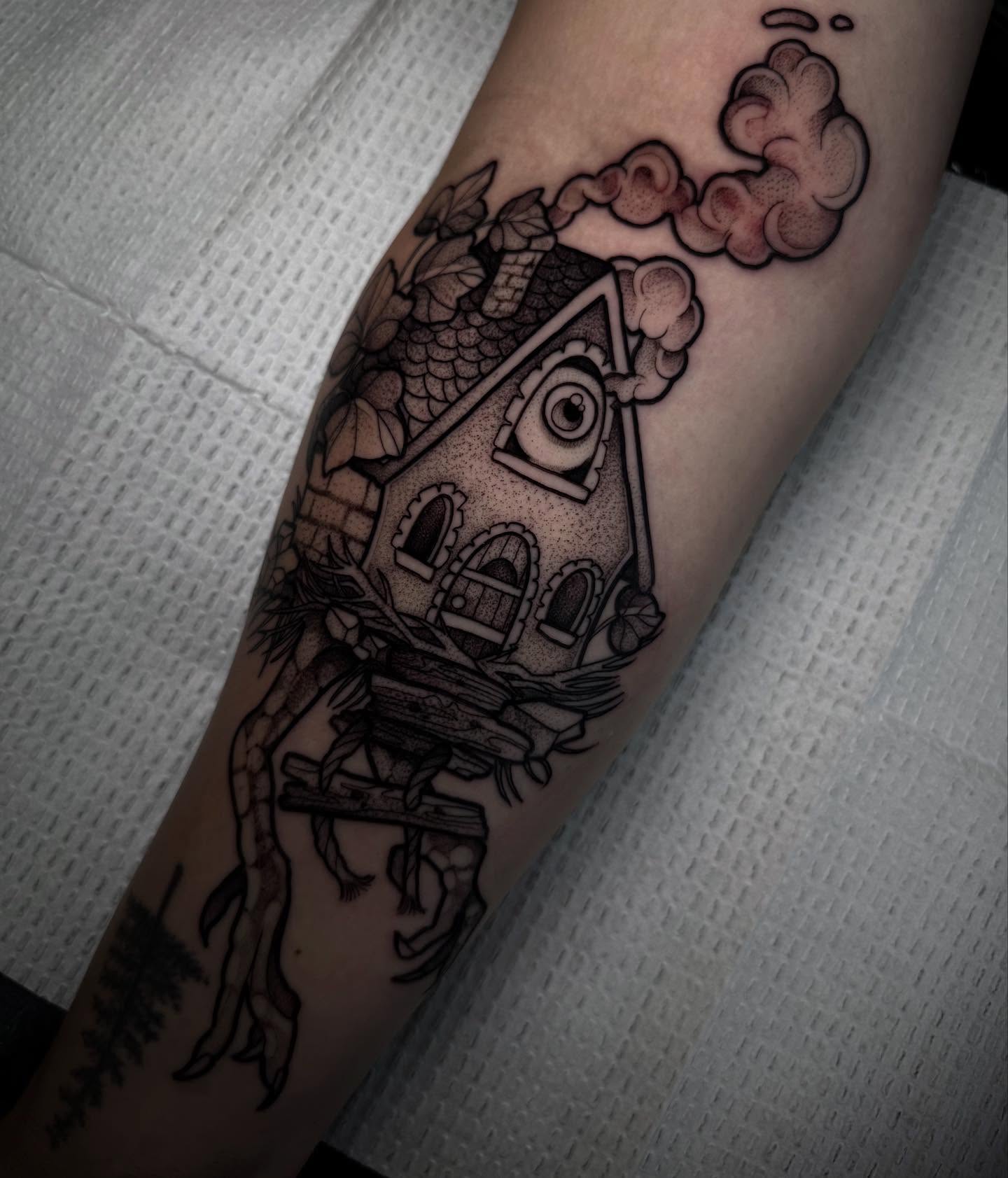 Haunted house dotwork tattoo on the forearm by H A N N A H, Colorado Springs, Colorado