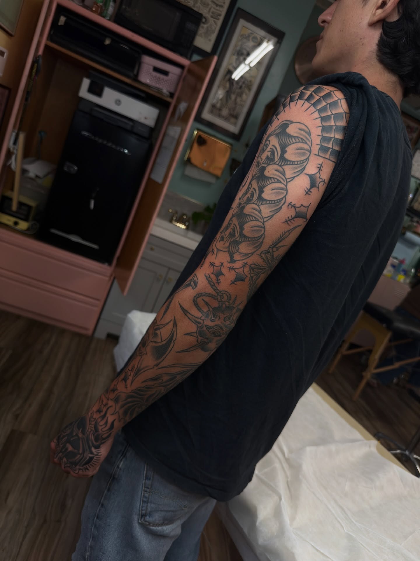 Elephant American traditional tattoo on the upper arm by ⚔️Andreas Dolleschal⚔️