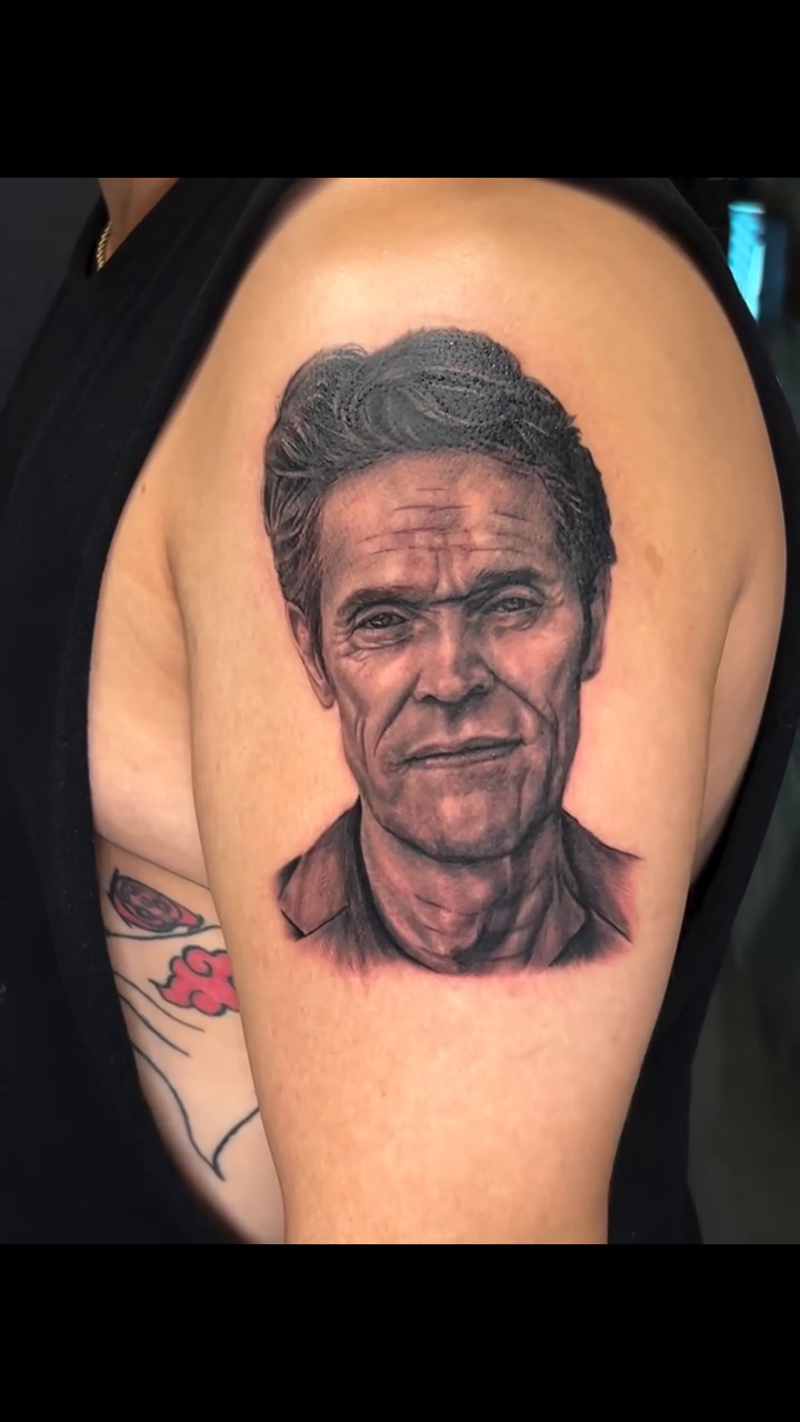 Portrait of Willem Dafoe realism tattoo by Justin James