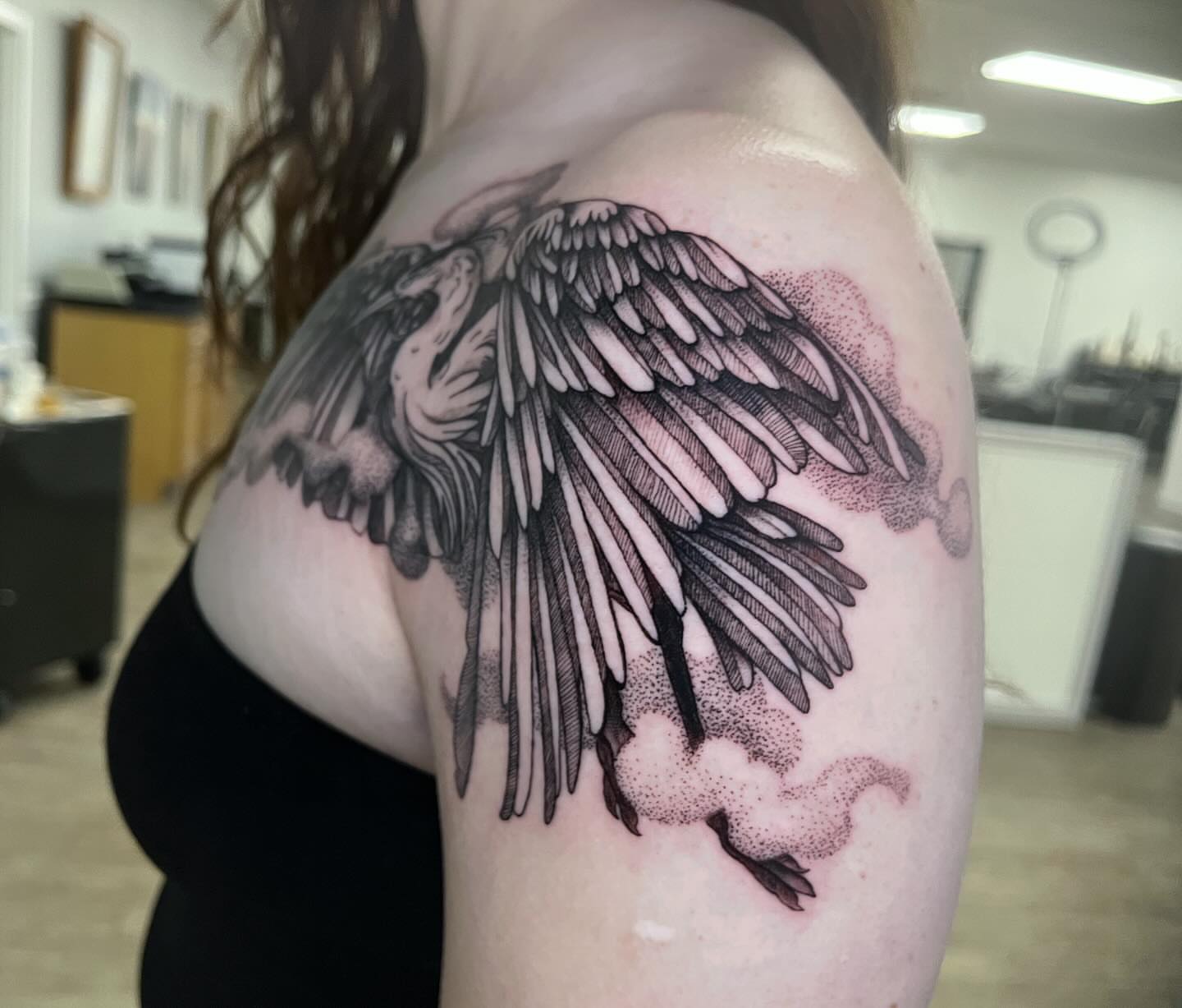 Tattoo by @rockylovetattoos — dotwork, black_and_grey