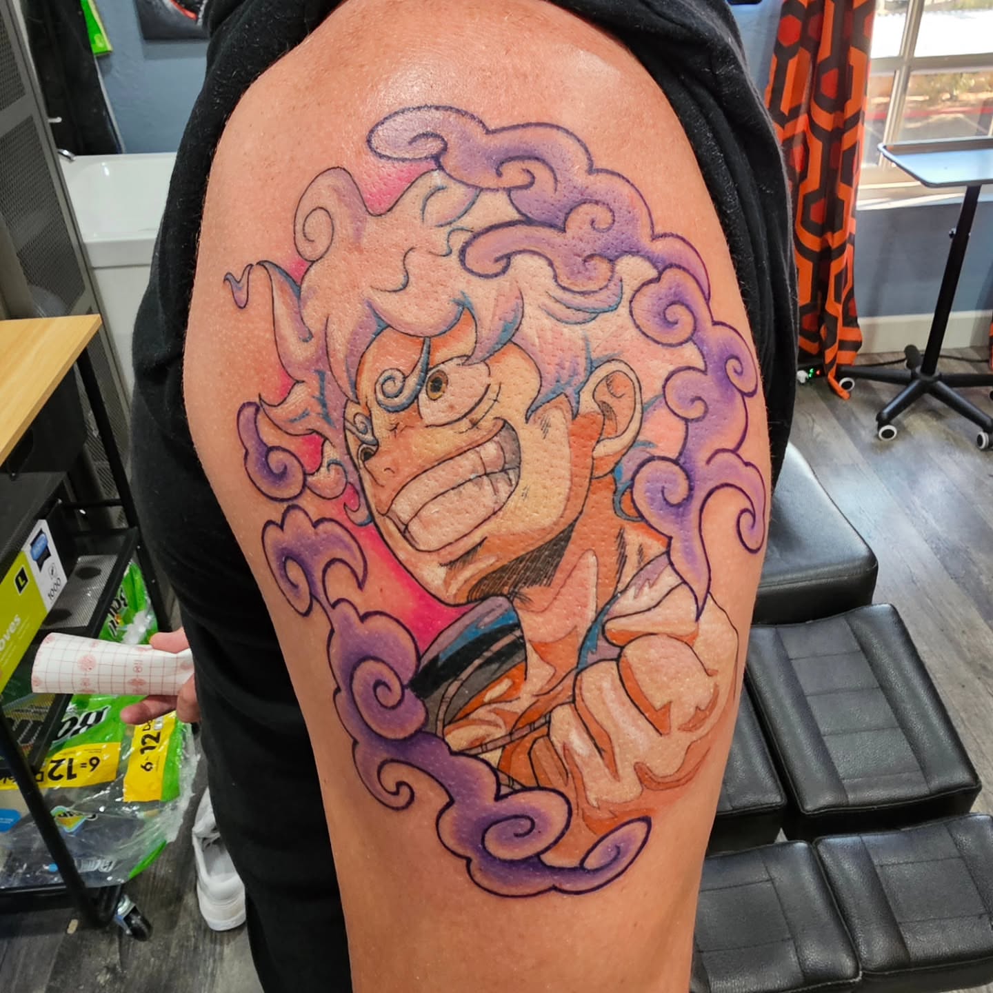 Anime character anime tattoo on the thigh by Matthew Ashmore