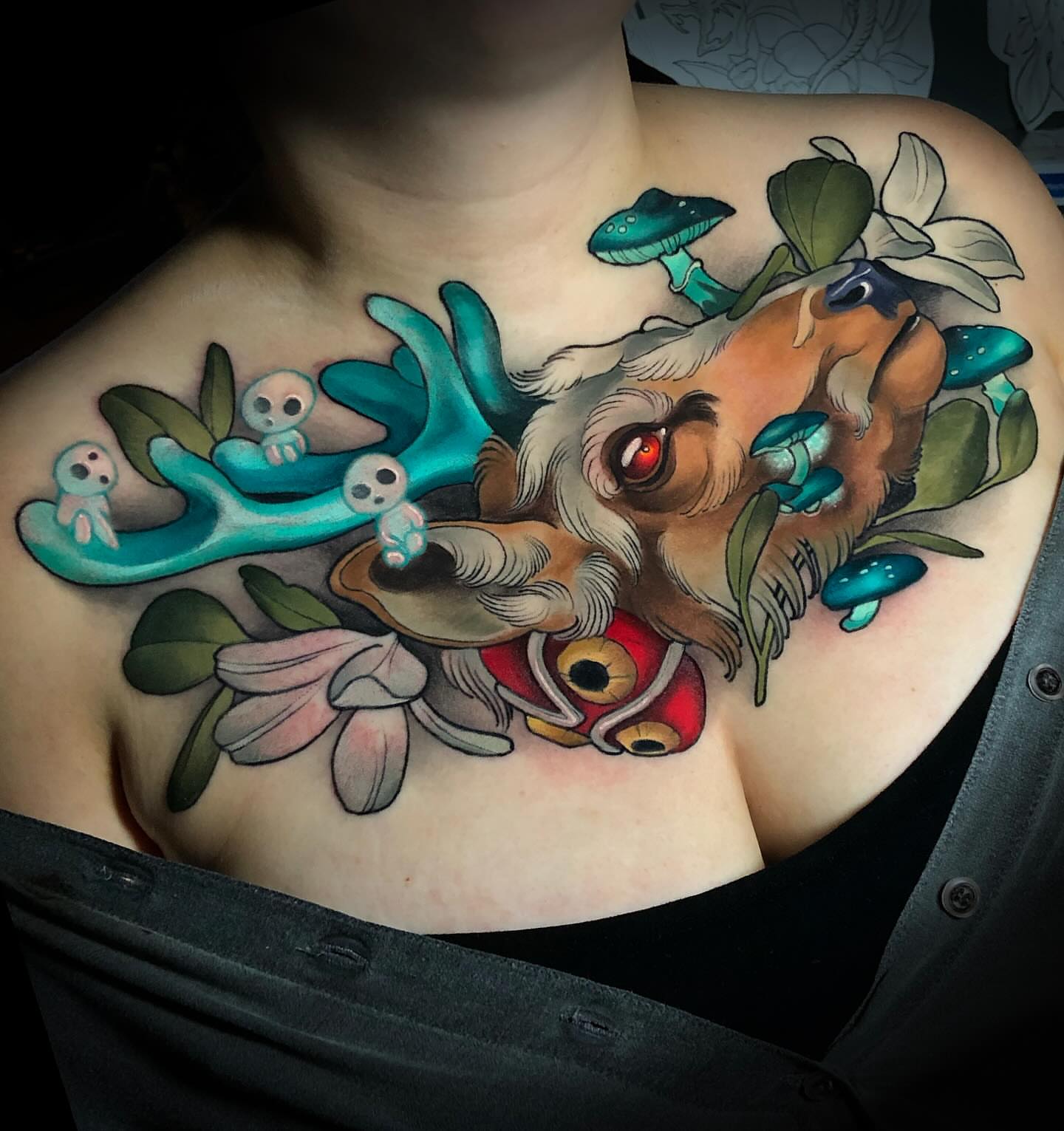 Fantasy creature new school tattoo on the chest by Evin Pfaff, Bedford, Pennsylvania