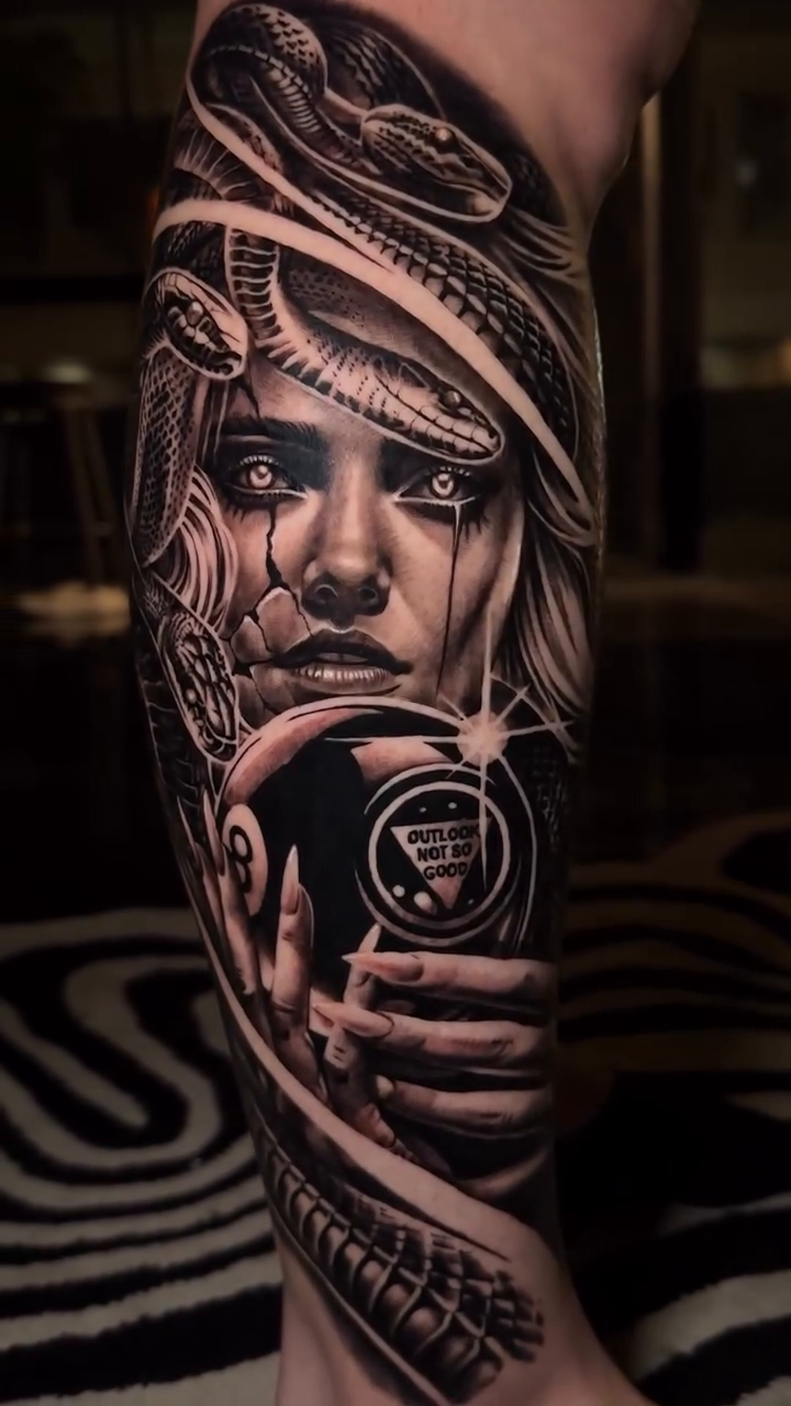Woman and crystal ball realism tattoo by 𝐉𝐨𝐧 𝐒𝐚𝐧𝐭𝐨𝐬