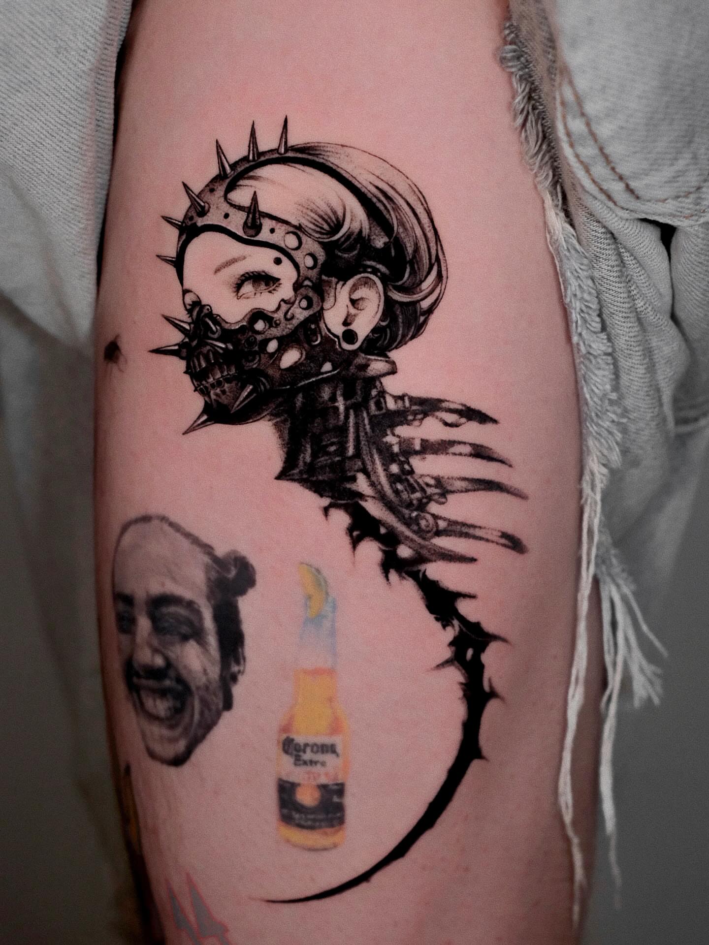 Cyborg woman dark realism tattoo on the forearm by Anime, Amsterdam, Noord-Holland