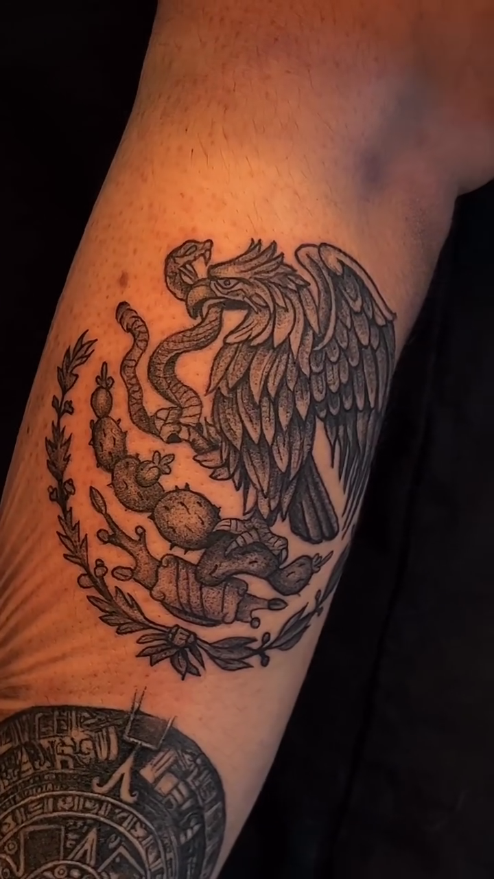 Mexican coat of arms realism tattoo by Damon Valdez