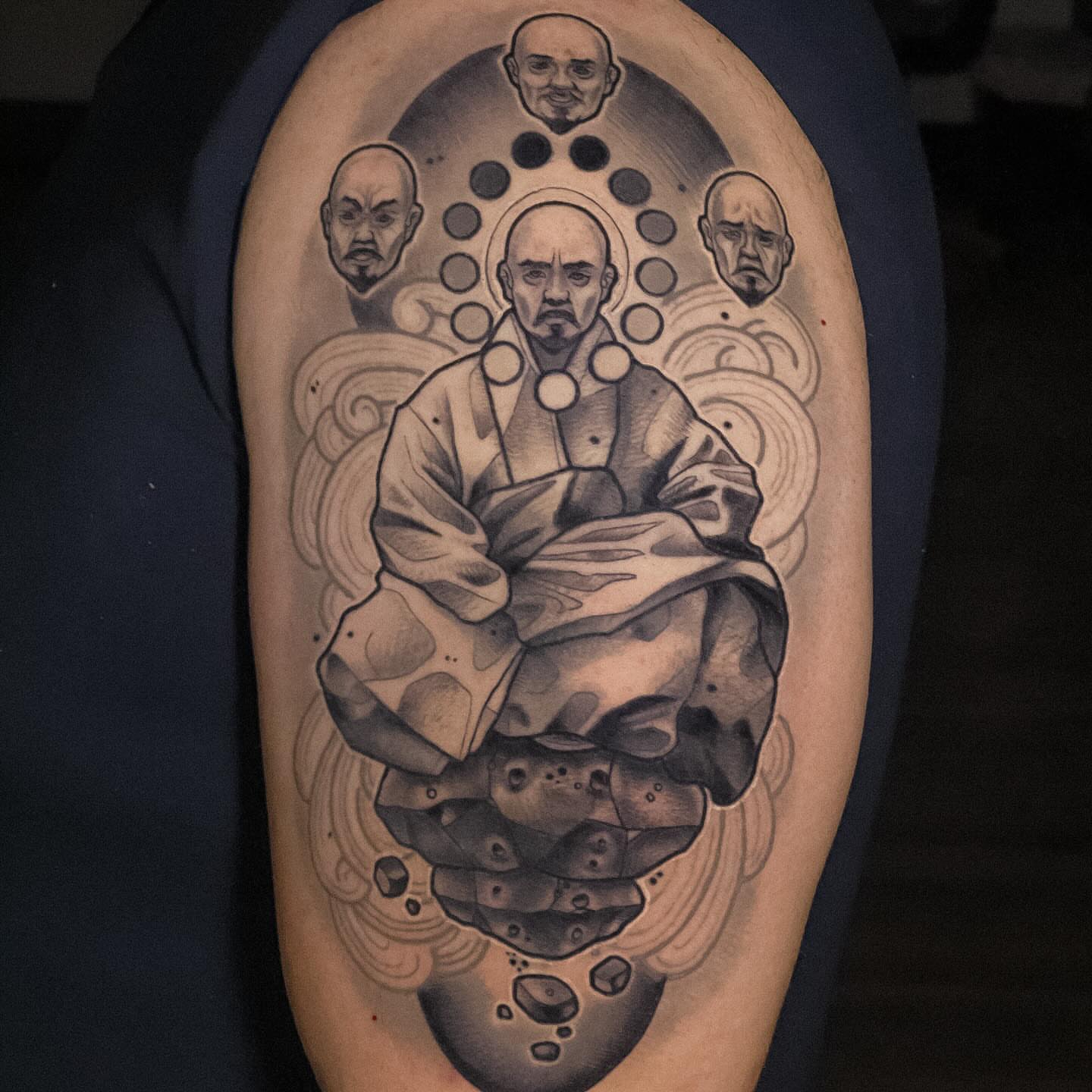 Meditative monk dotwork tattoo on the forearm by Nathan Thomas