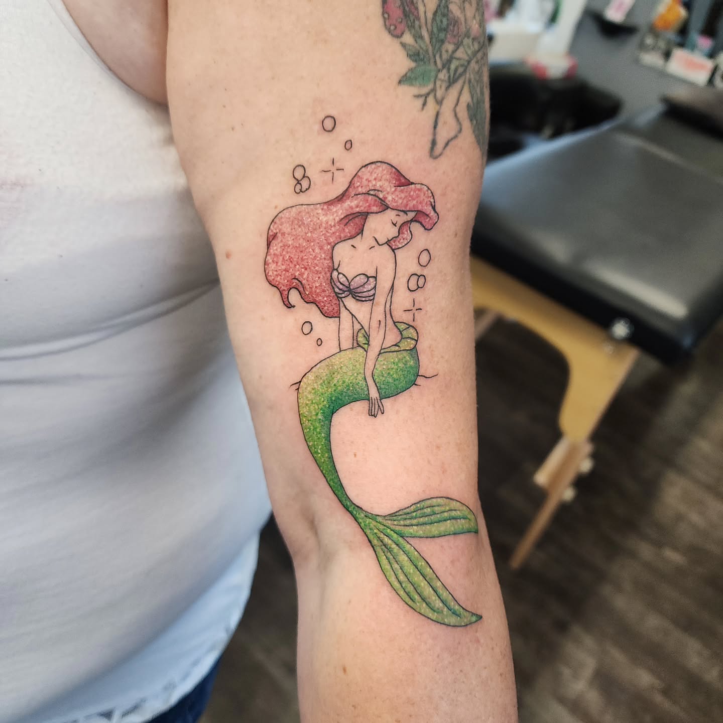Mermaid new school tattoo on the forearm by Hope Powell, Vancouver, Washington