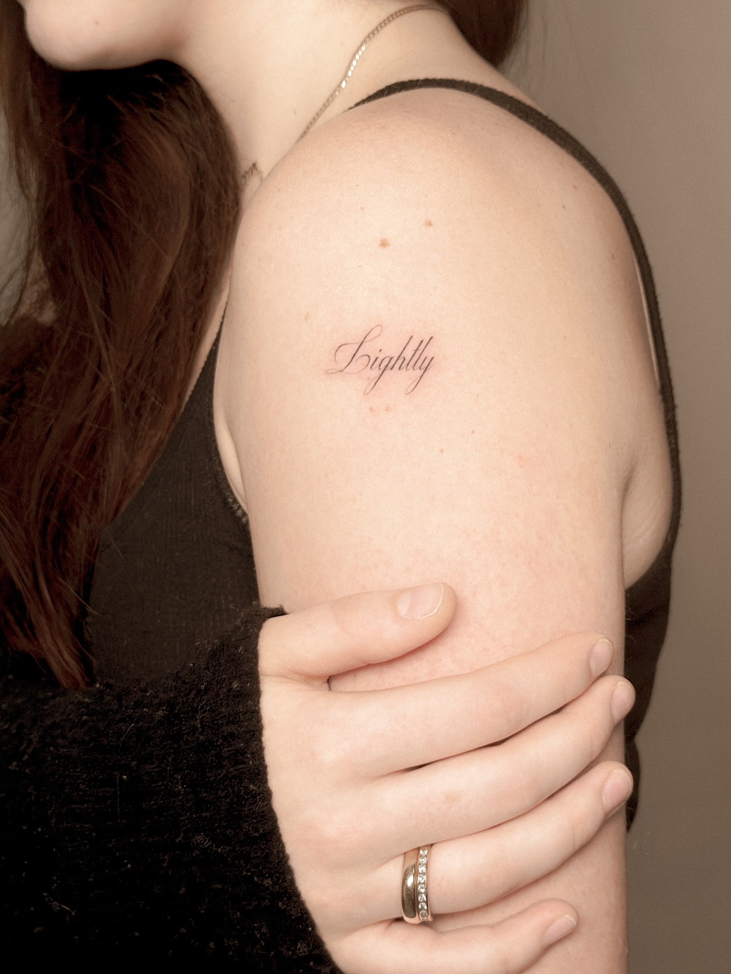 Script lettering lettering script tattoo on the shoulder by Yuli Noama