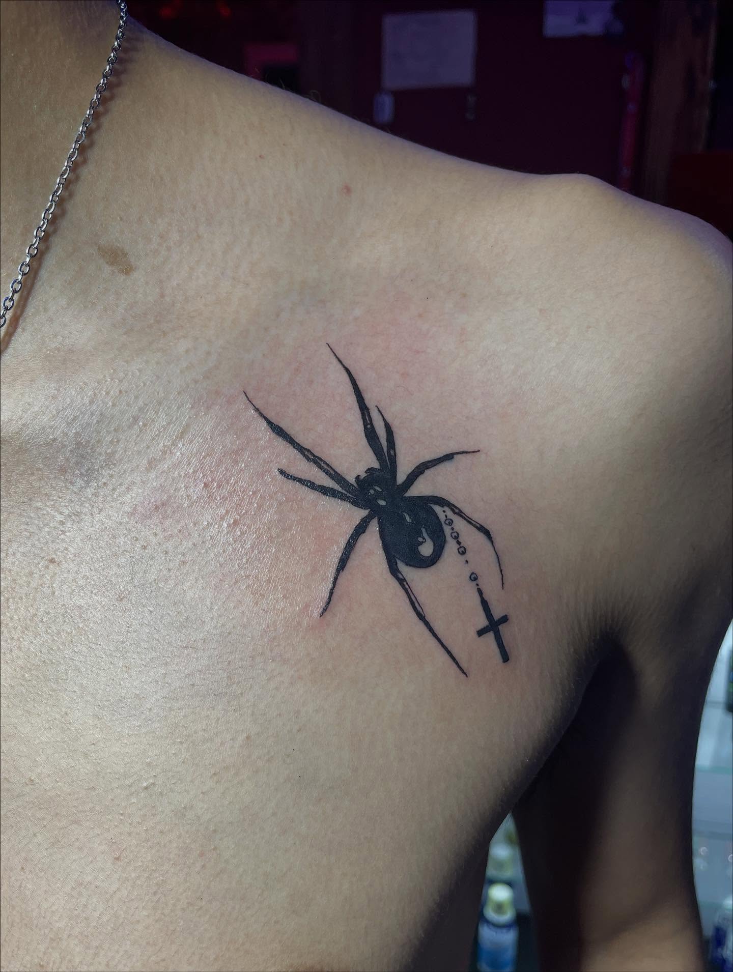 Spider and cross black and grey tattoo on the chest by 😈headhuncho😈