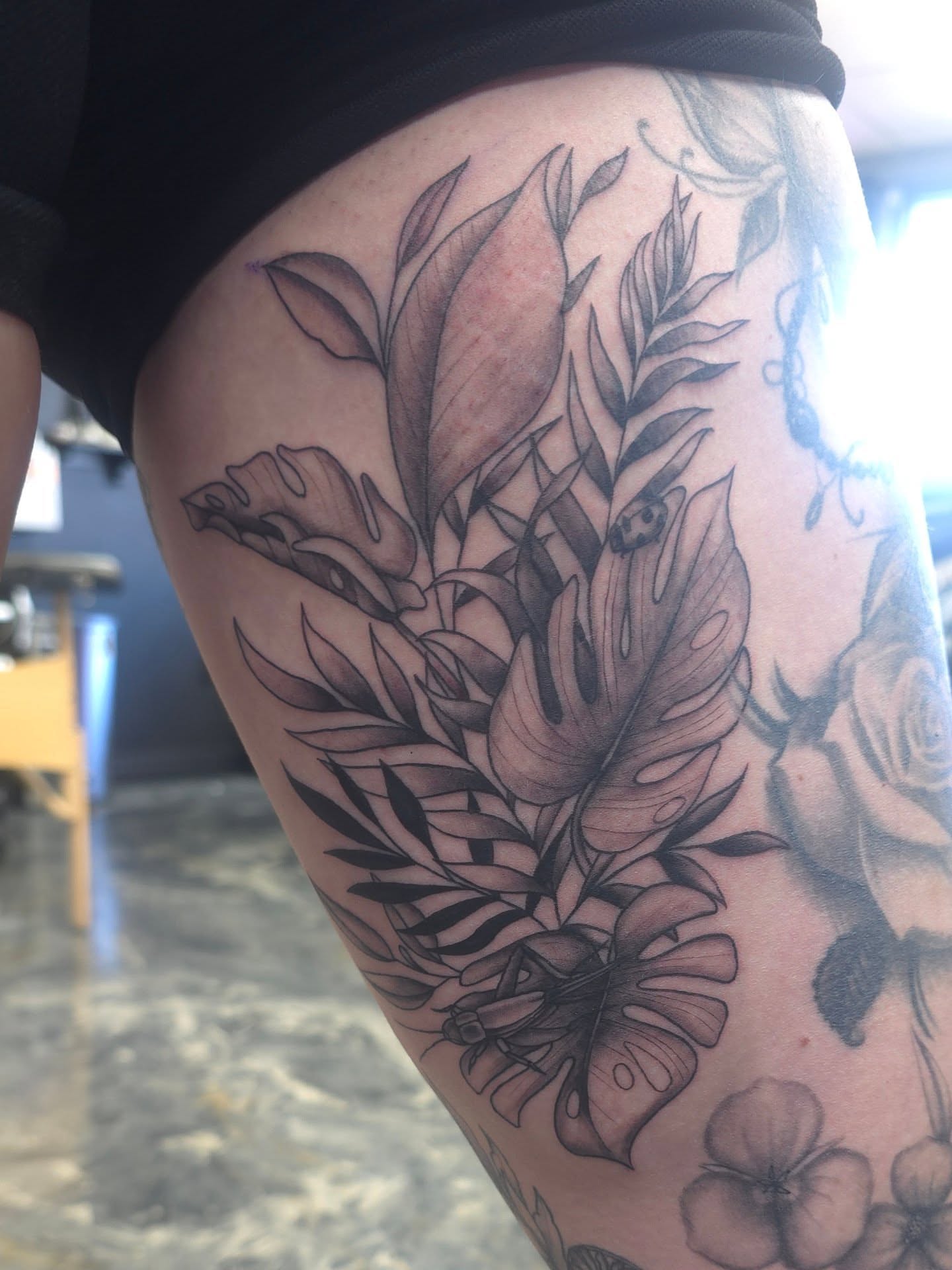 Monstera leaves black and grey tattoo on the thigh by Trinity
