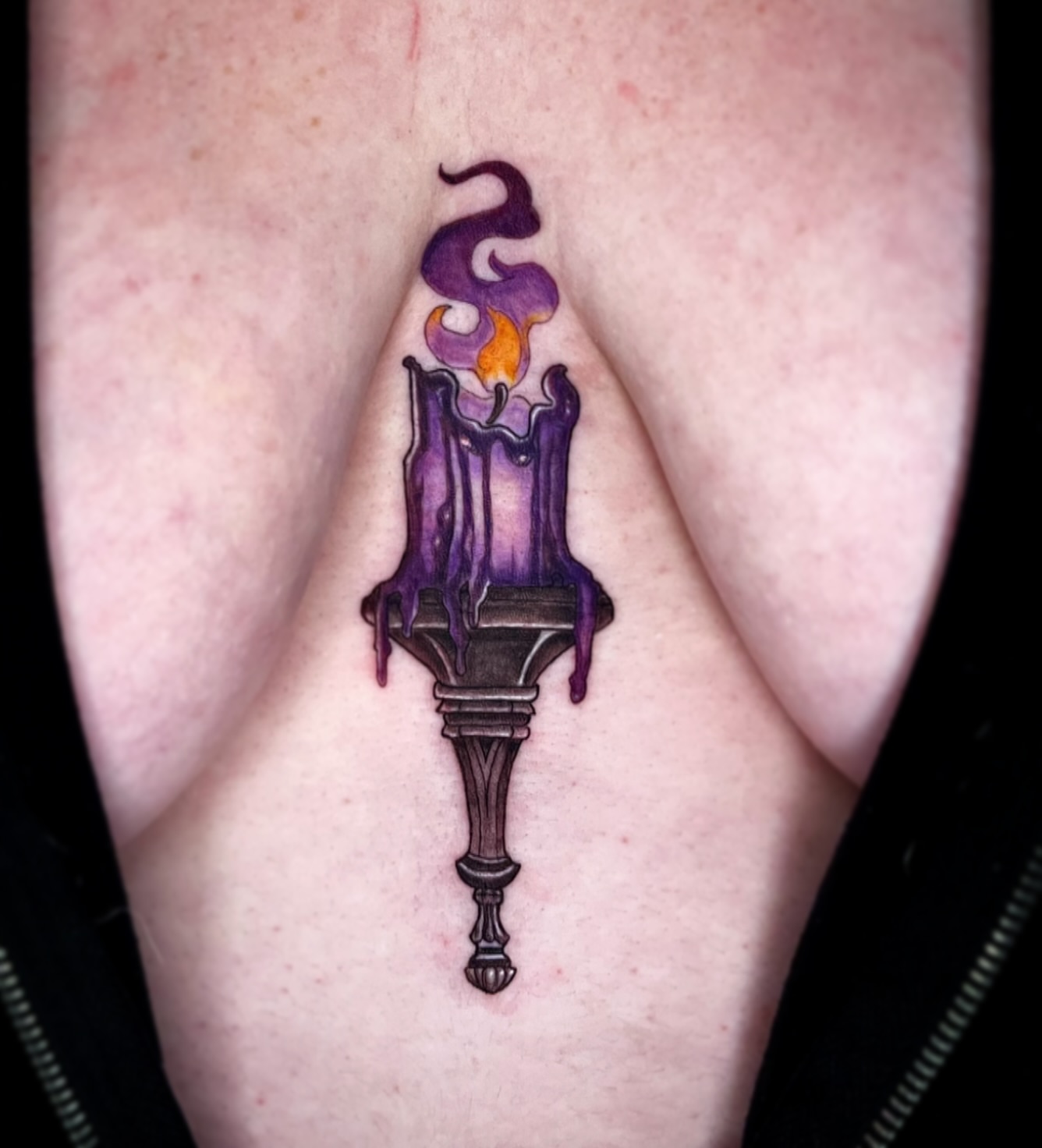 Candle realism tattoo on the thigh by Jessica Burridge