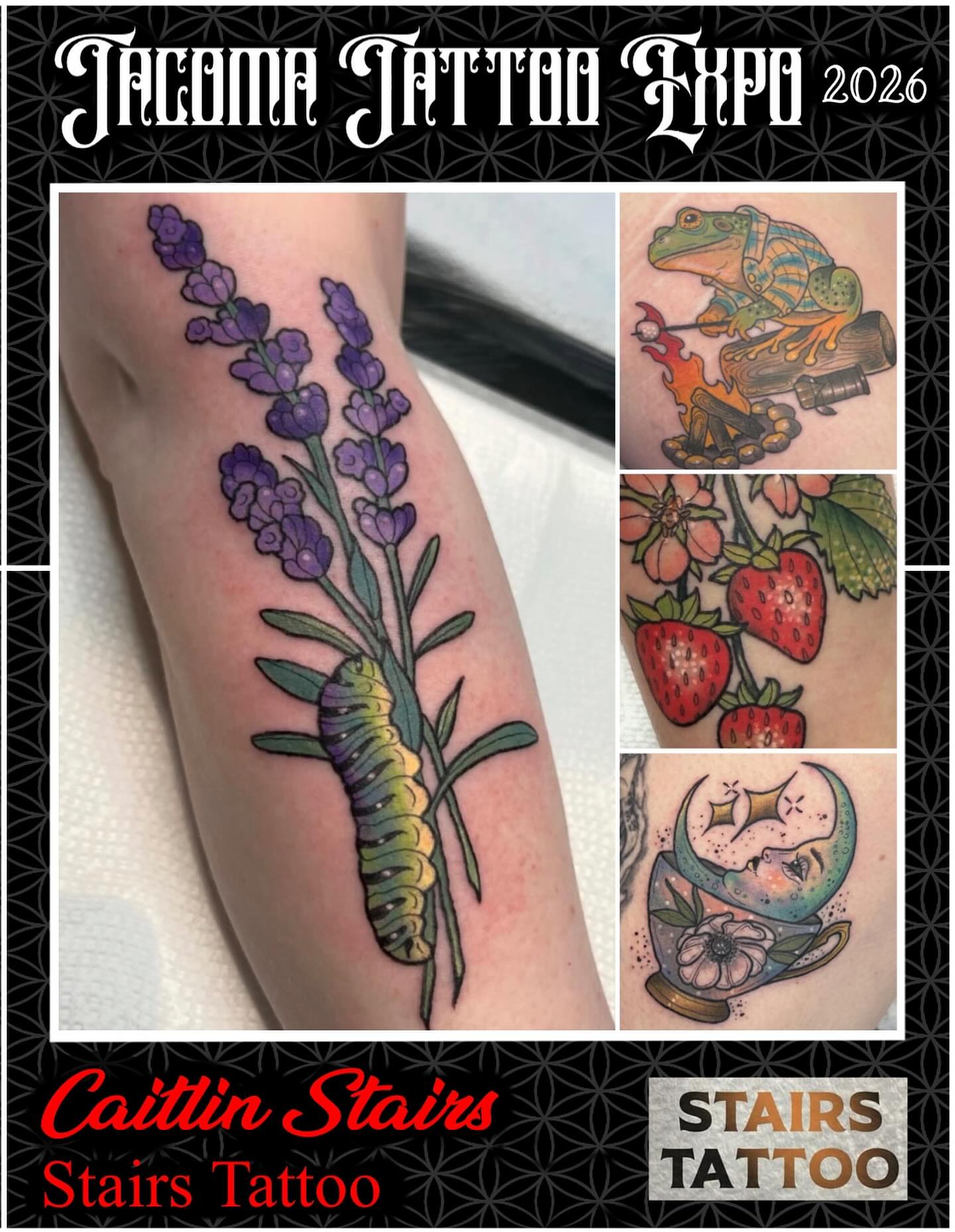 Lavender plant with caterpillar realism tattoo on the forearm by Caitlin Stairs