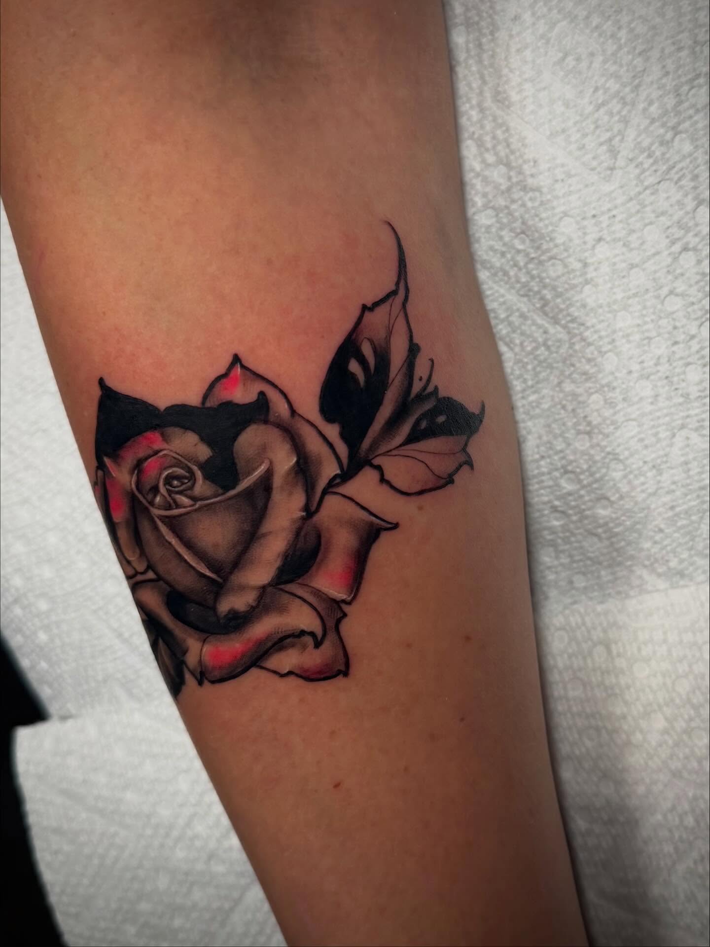 Rose black and grey tattoo on the forearm by ✨Jen Lochbihler✨, Dickson, Tennessee