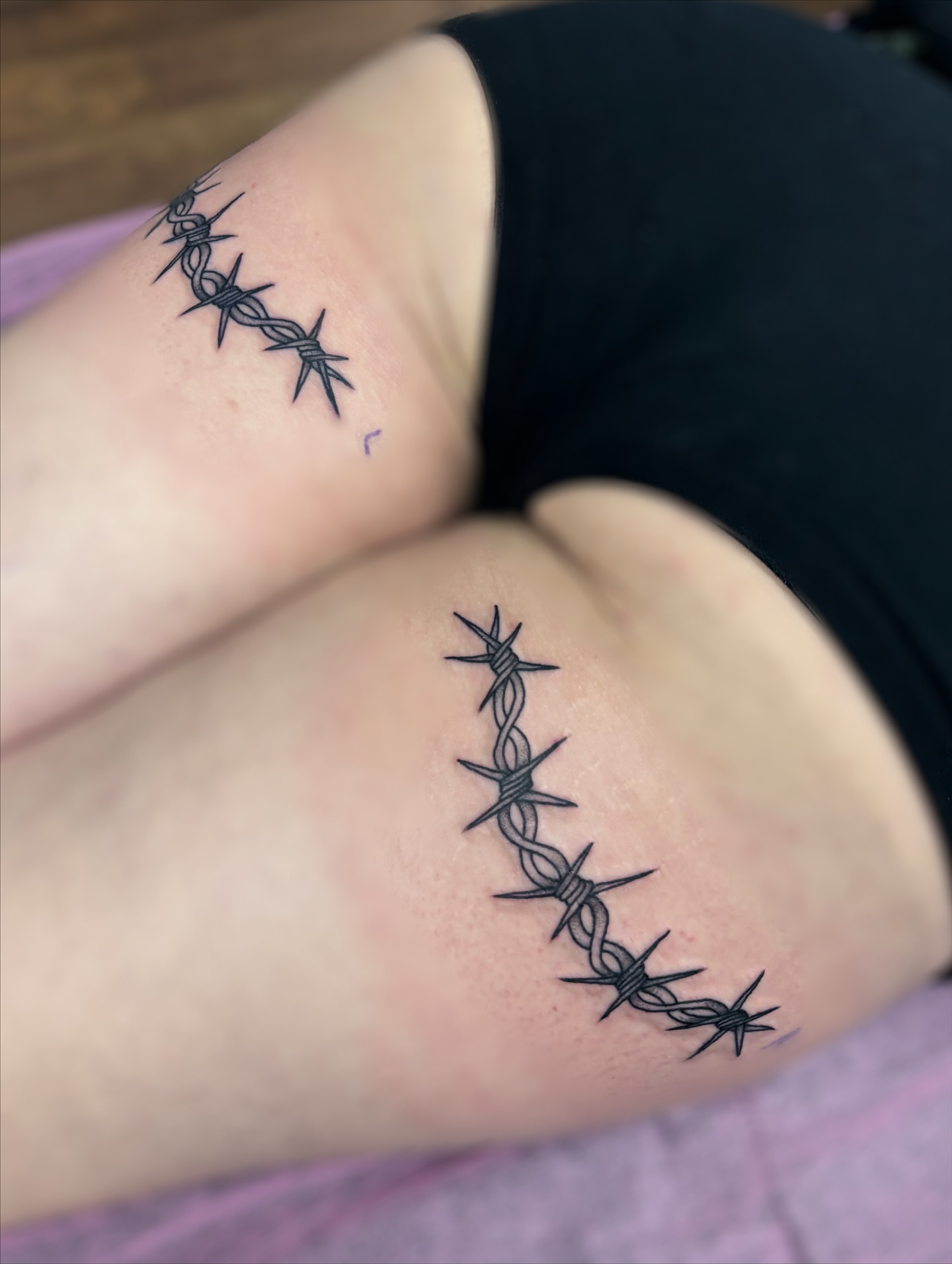 Barbed wire black and grey tattoo on the thigh by ✿ sadie winter ✿