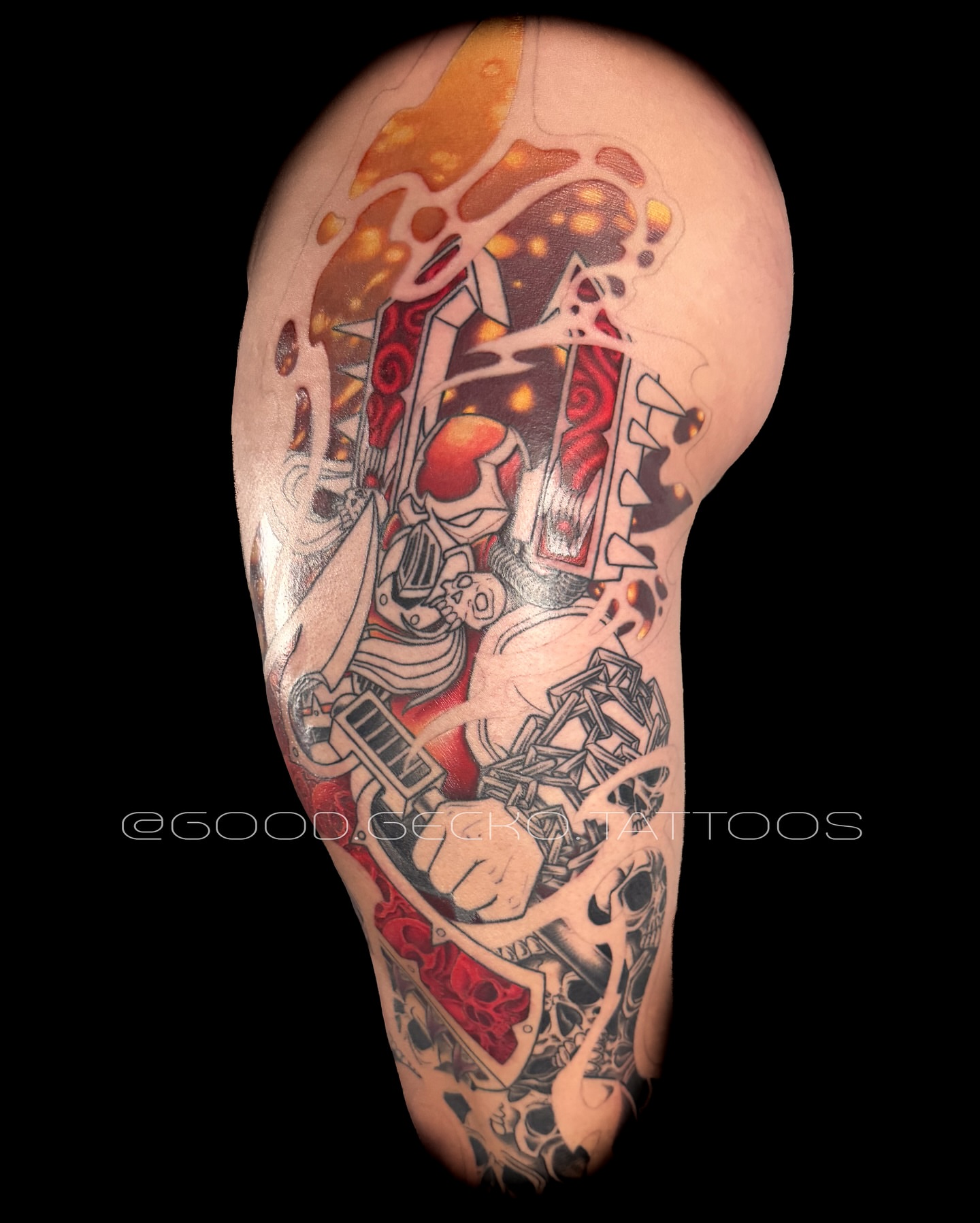 Mecha warrior geometric tattoo on the forearm by Gecko