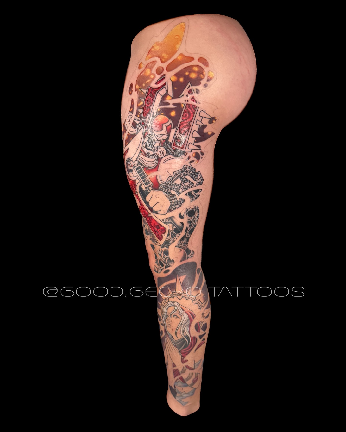 Warrior and dragon American traditional tattoo on the calf by Gecko