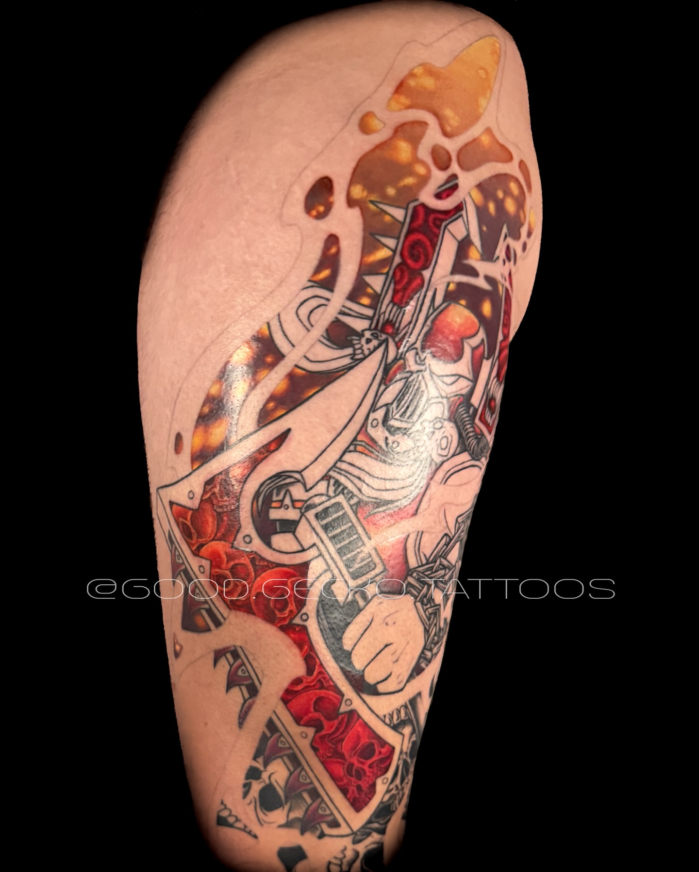 Gun and skull American traditional tattoo on the forearm by Gecko