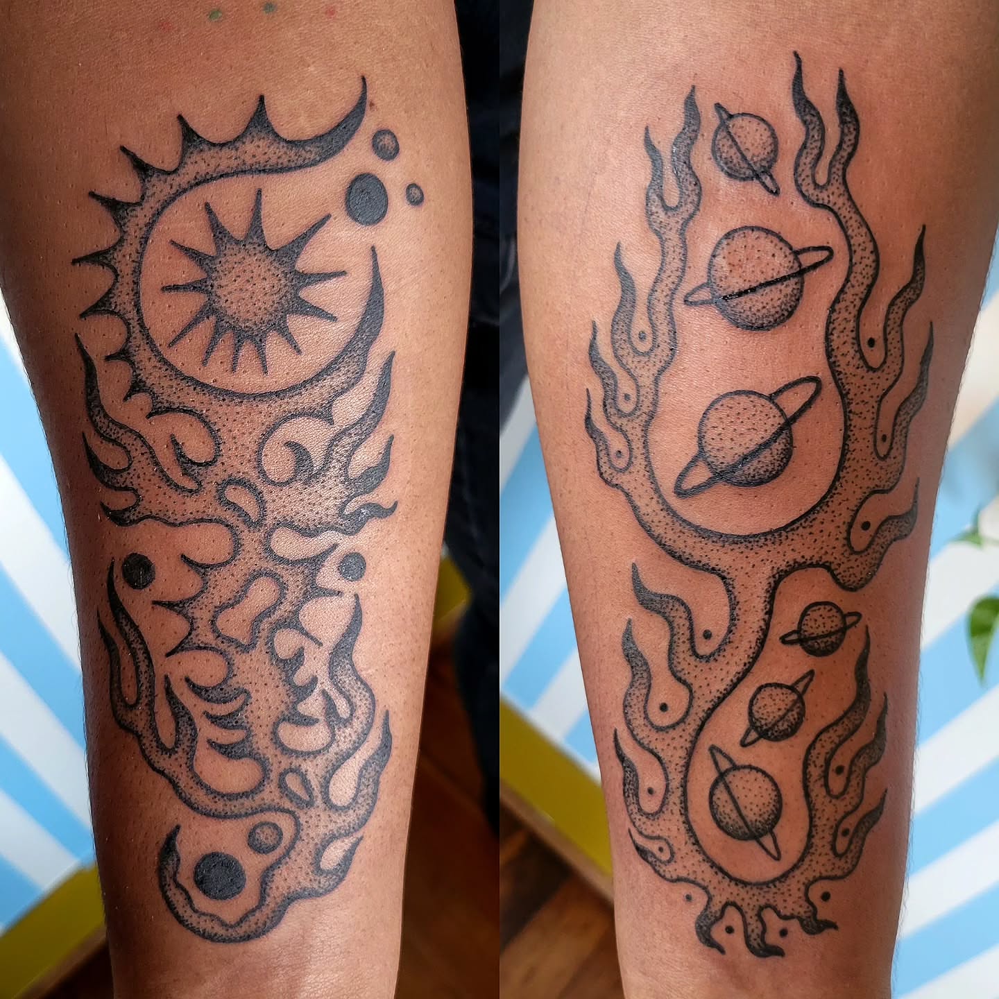 Planetary system dotwork tattoo on the forearm by Cat Wong意藝