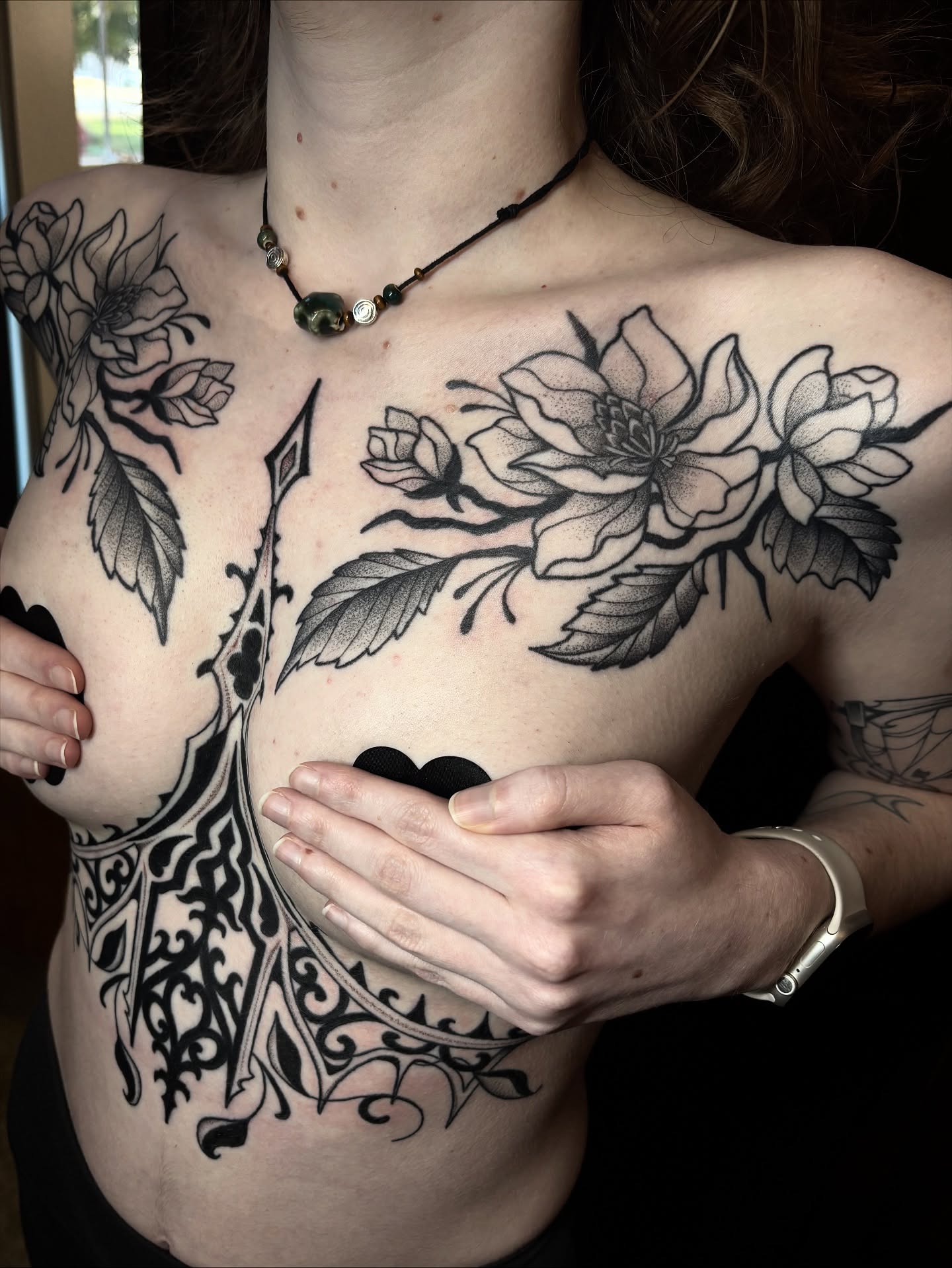 Floral black and grey tattoo on the chest by ๐ฅ Jas ๐ฅ