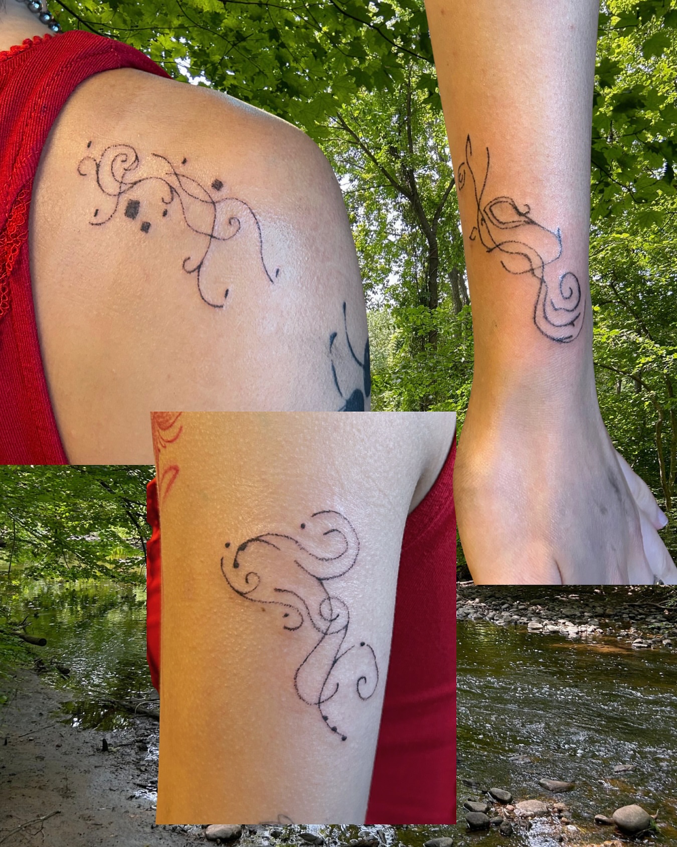 Swirls fine line tattoo on the upper arm by wanderfernfairy
