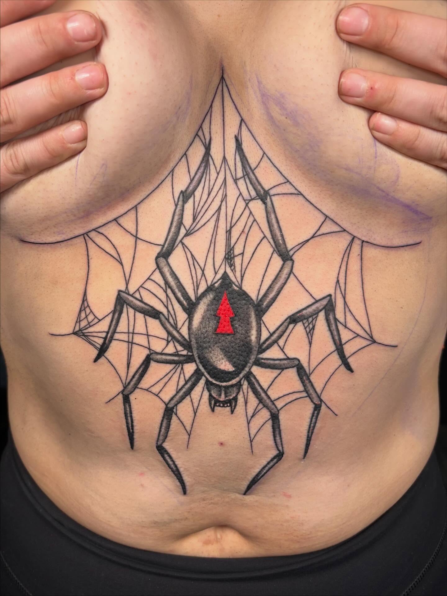 Spider black and grey tattoo on the chest by @seibastattoos, Virginia Beach, Virginia