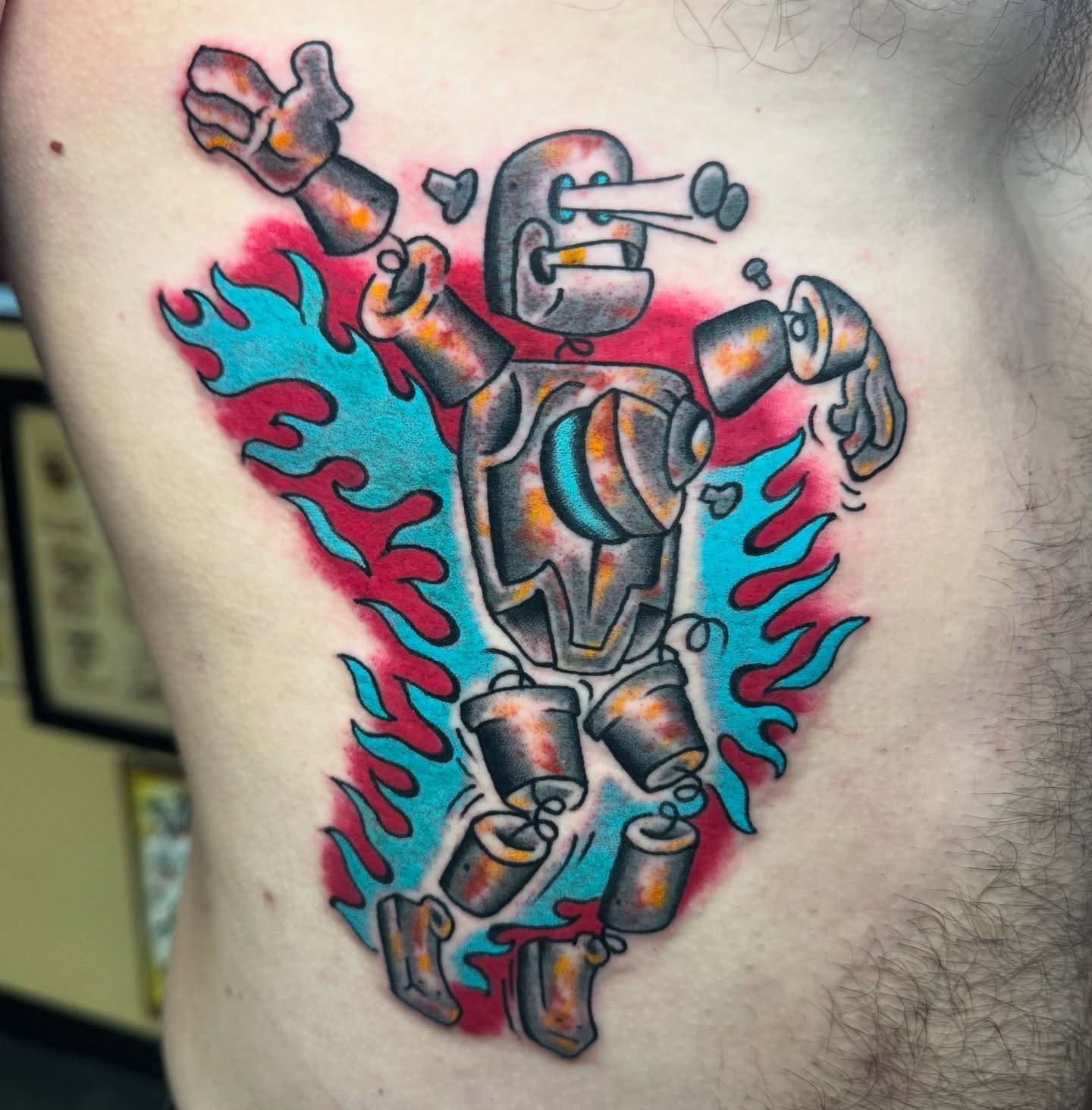 Robot American traditional tattoo on the chest by Bre