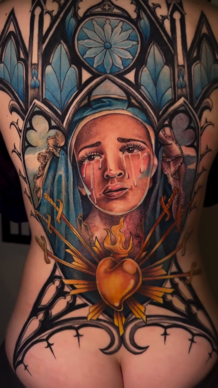 Virgin Mary with Sacred Heart dark realism tattoo by Mags🗡️