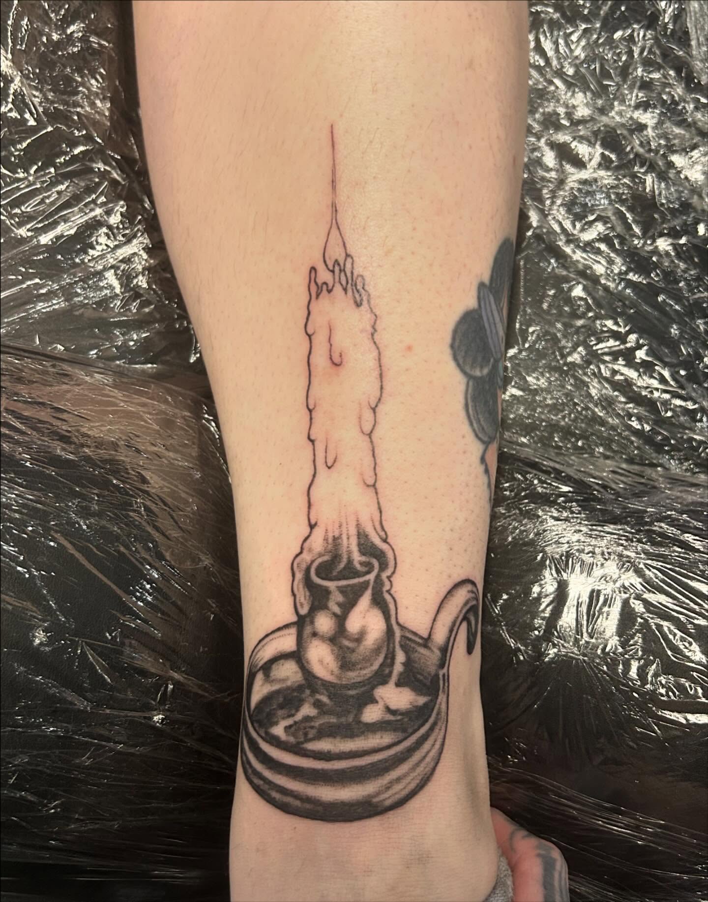 Candle black and grey tattoo on the forearm by 𝖌𝖆𝖇𝖊˚༘ ೀ⋆｡˚