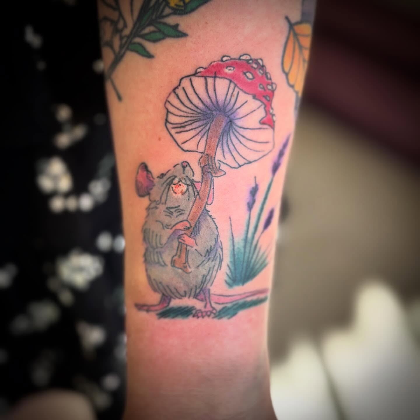 Mouse and mushroom dotwork tattoo on the forearm by Runtz Tattoo, Greensboro, North Carolina