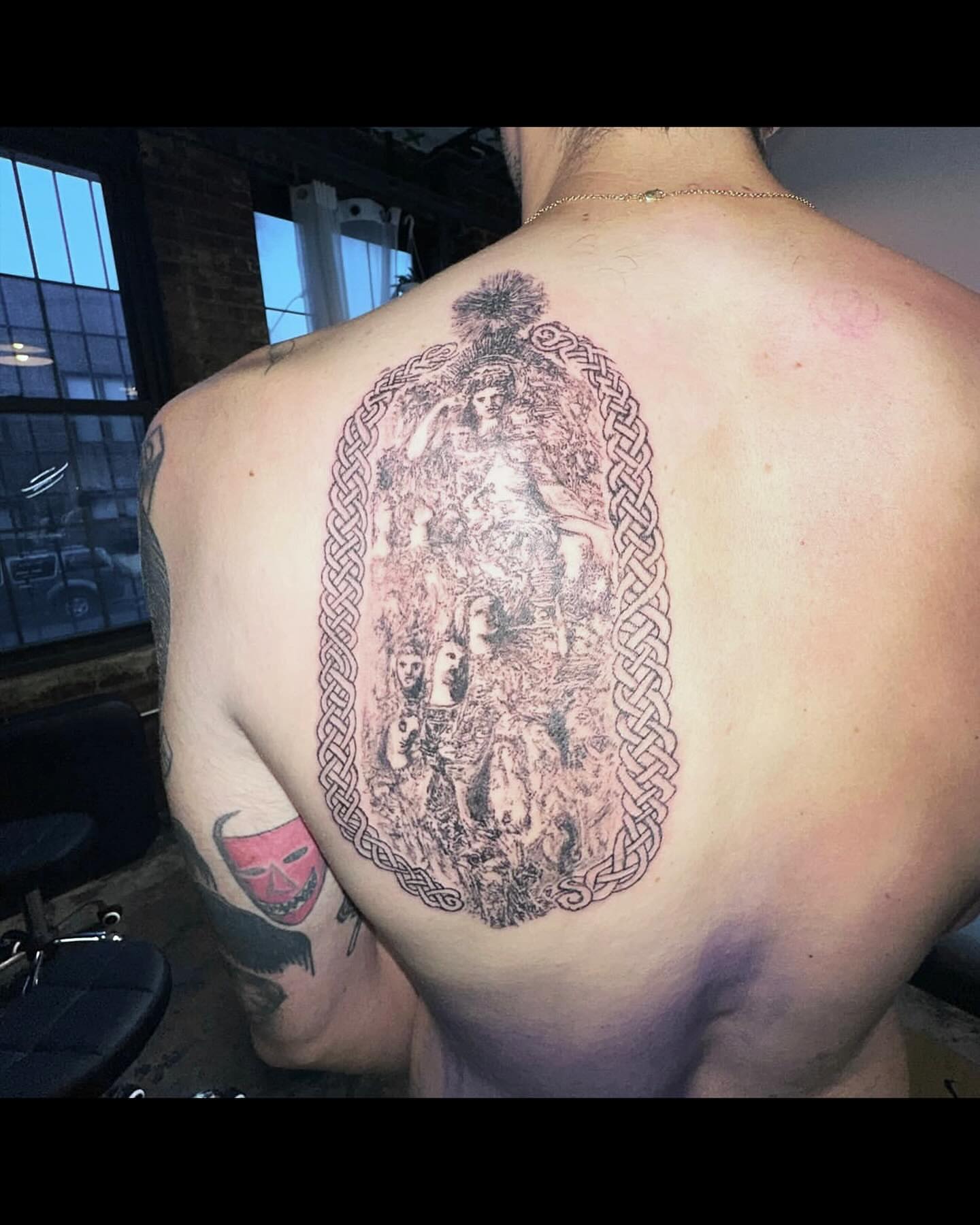 Mythological figure black and grey tattoo on the back by Gregory Bramble Tattoo ๐ด๓ ง๓ ข๓ ฅ๓ ฎ๓ ง๓ ฟ