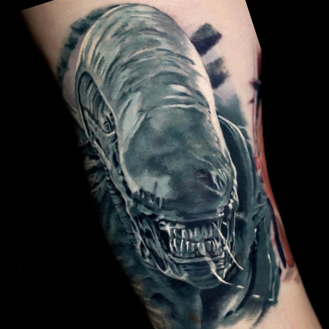 Alien xenomorph head realism tattoo on the forearm by Realistic tattoos in Minneapolis, MN, Minneapolis, Minnesota