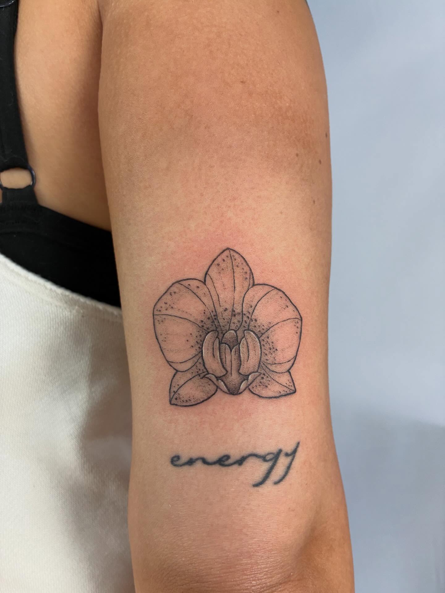 Orchid dotwork tattoo on the forearm by ⊹ Avery Peterson ⊹