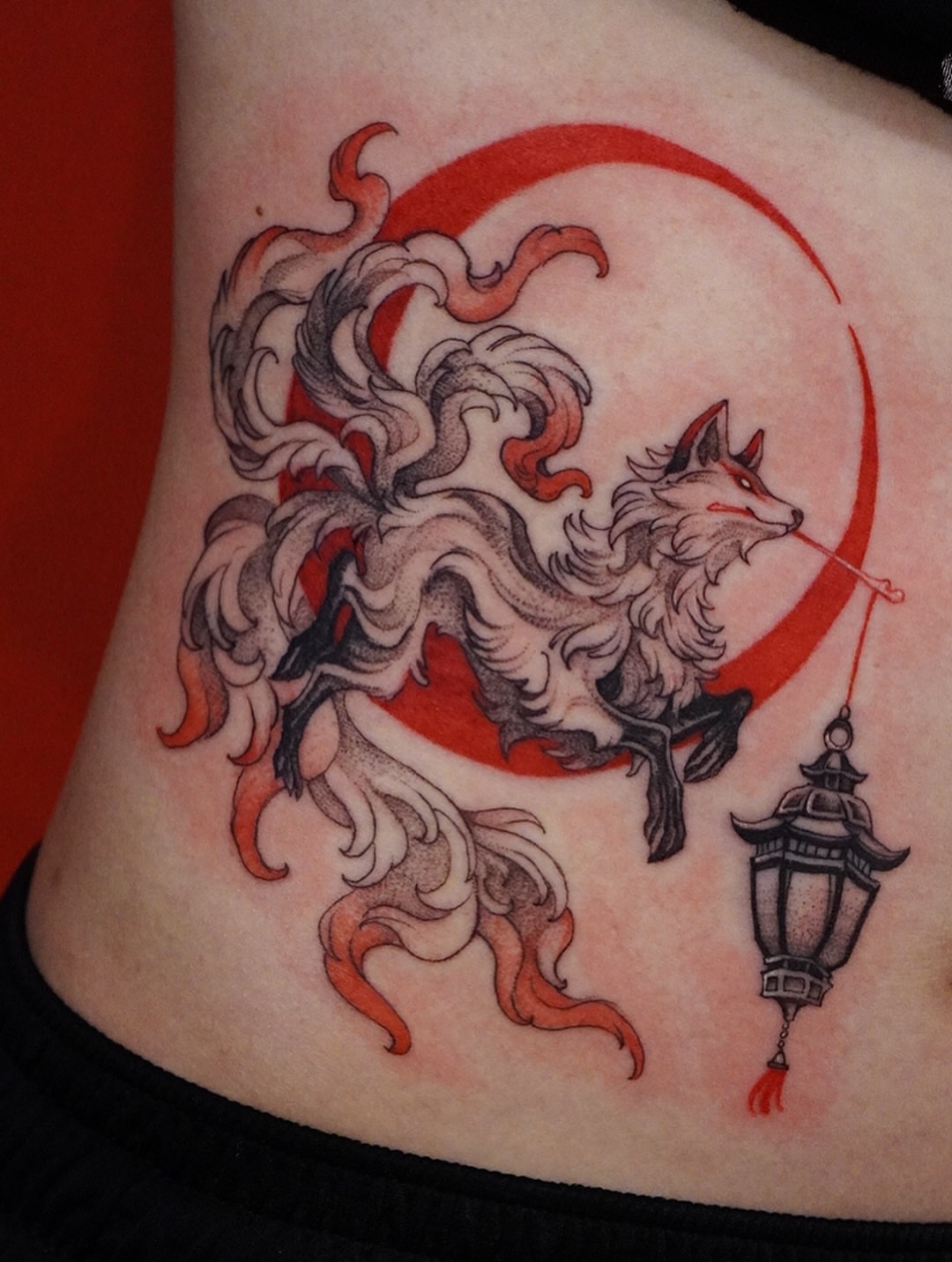Kitsune dotwork tattoo on the torso by 🌛 Lê Huỳnh🌜, Dallas, Texas