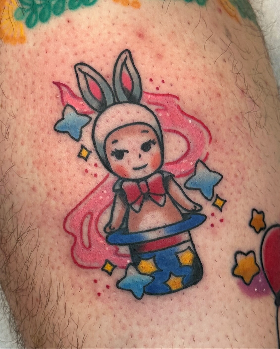 Anime character with hula hoop new school tattoo on the thigh by Paige Ochoa