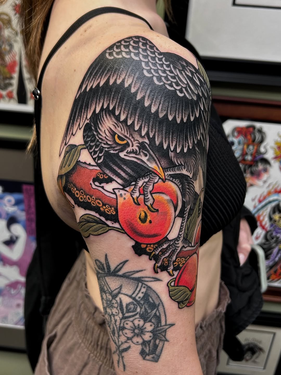 Eagle with fruit Japanese tattoo on the shoulder by Jade McKenzie, Temecula, California