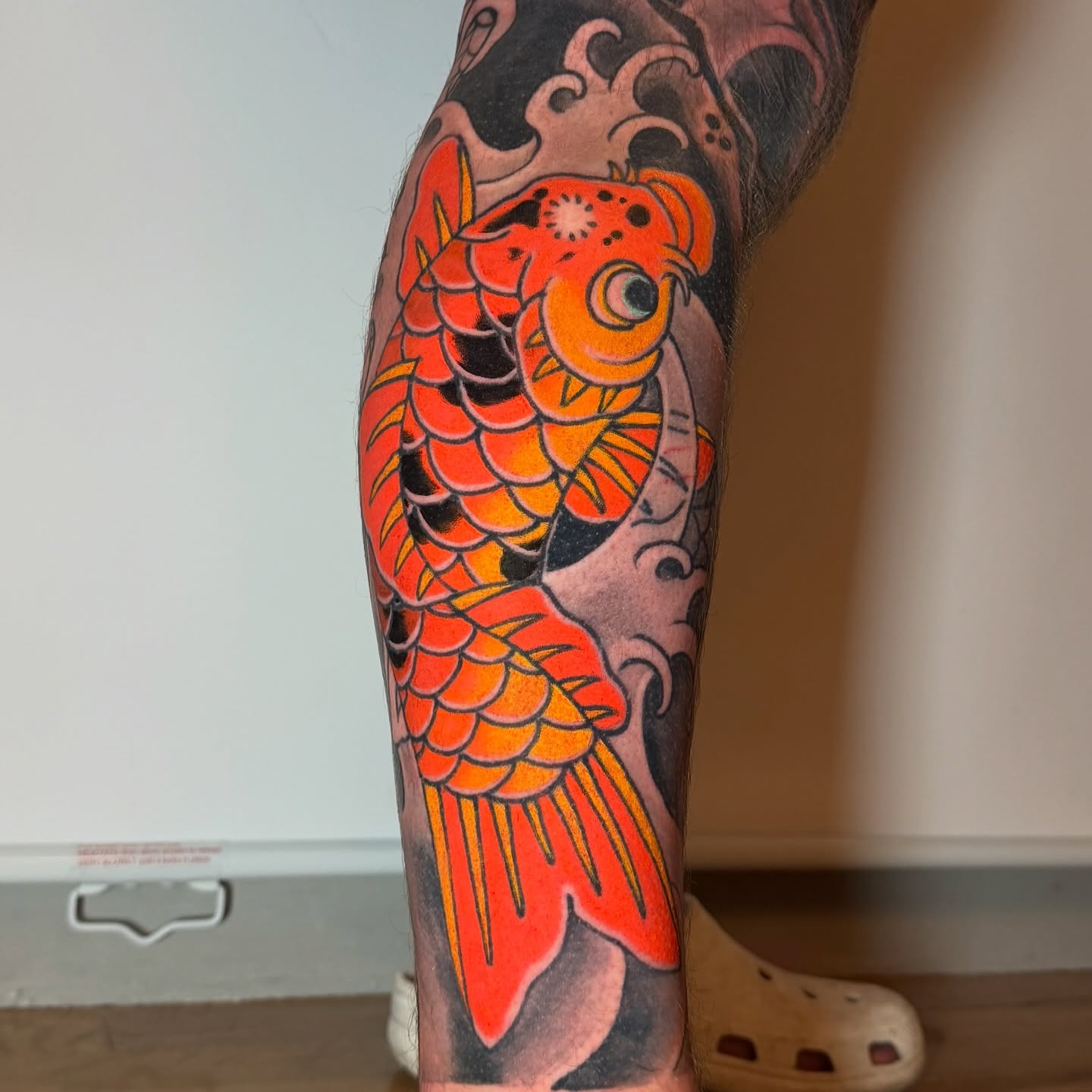 Koi fish japanese irezumi tattoo on the calf by Tattoo Artist Los Angeles
