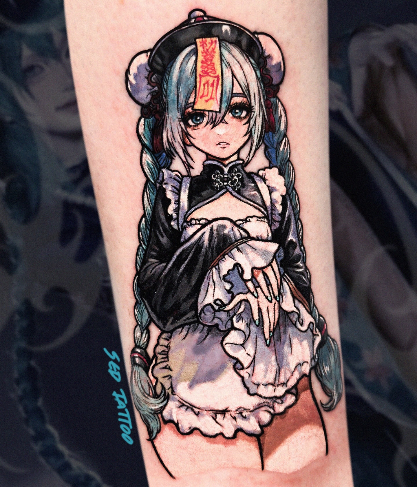 Anime girl anime tattoo on the forearm by Sed