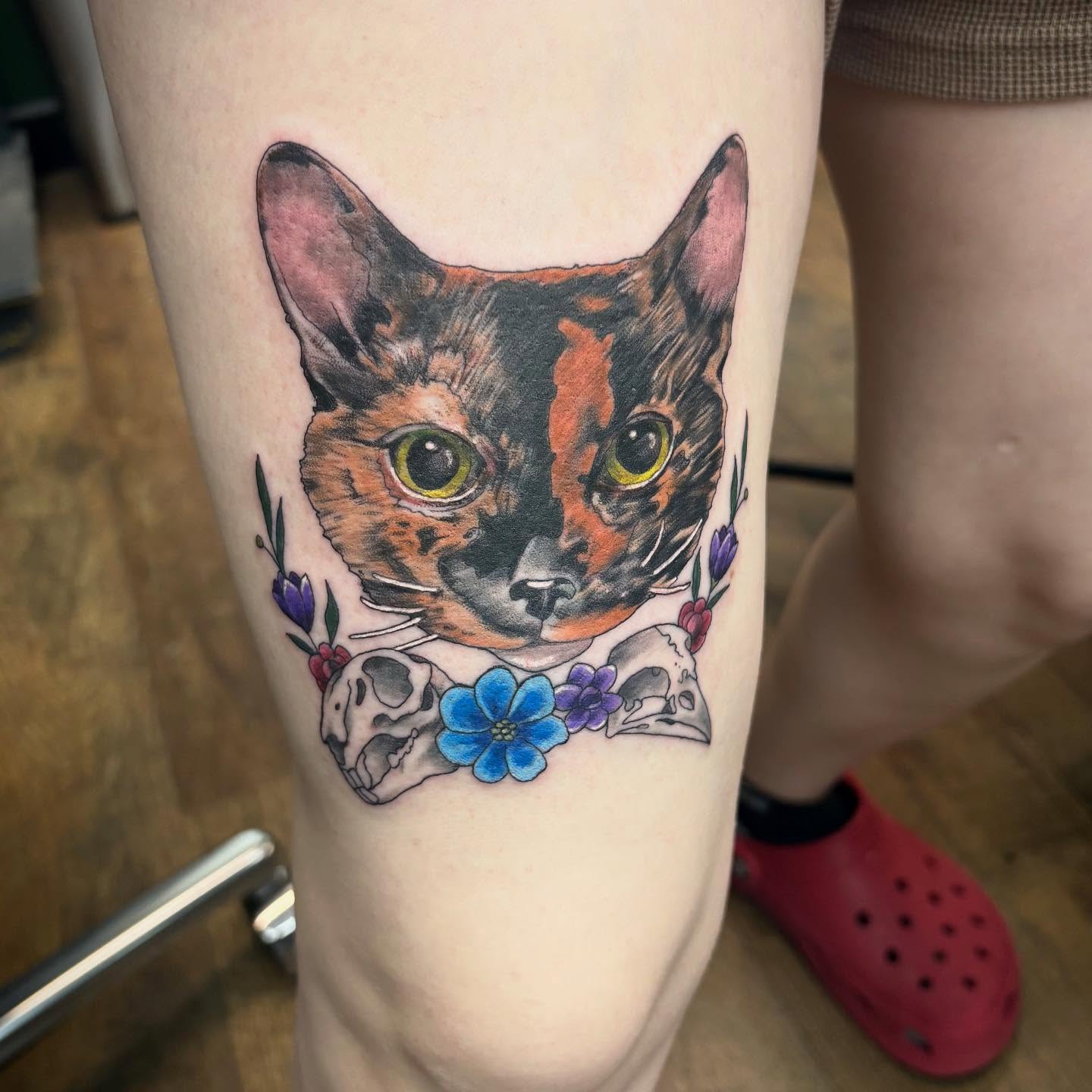 Cat realism tattoo on the calf by Robbie Reel, Wichita, Kansas