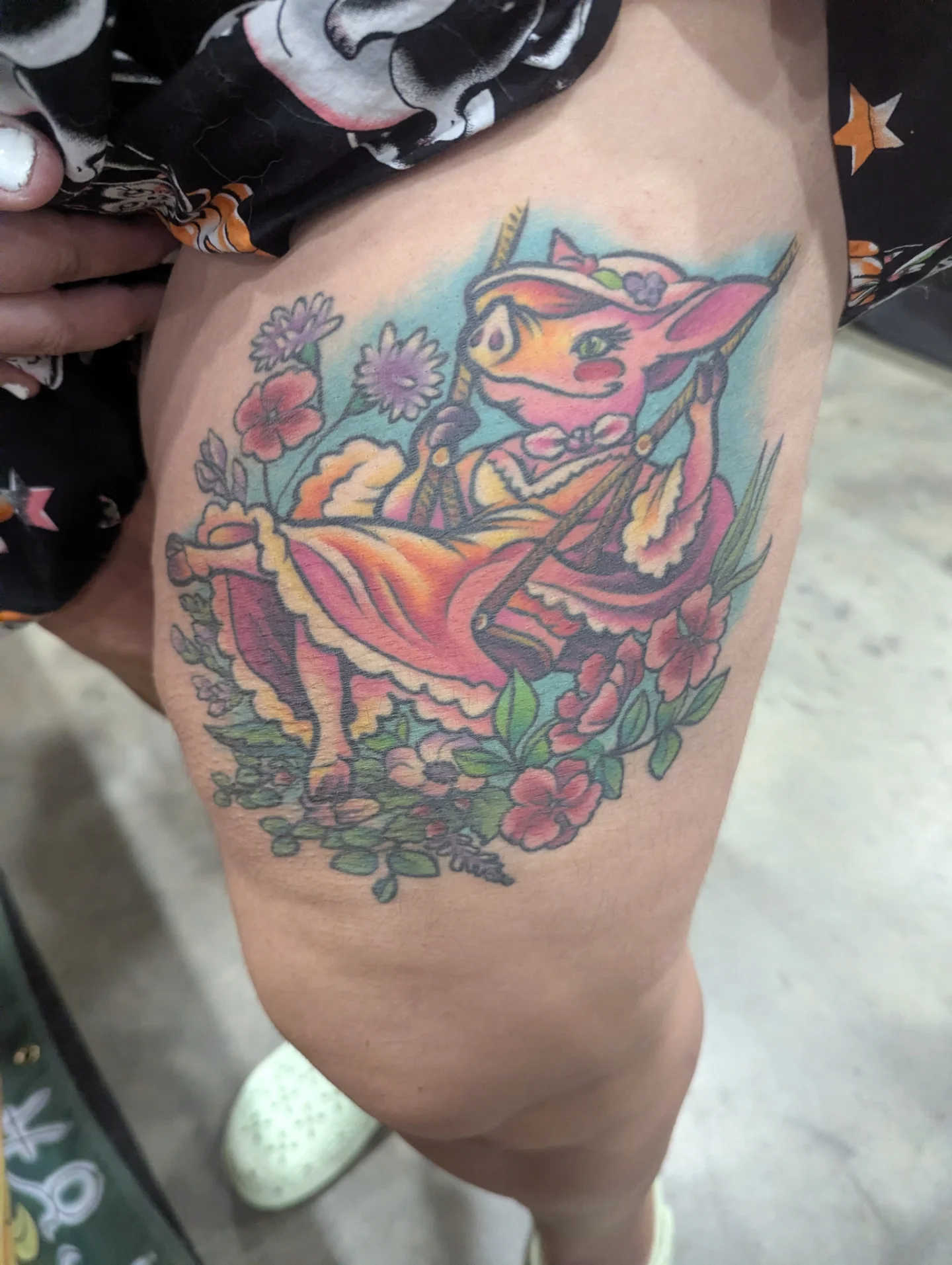 Unicorn new school tattoo on the thigh by Devon Greig