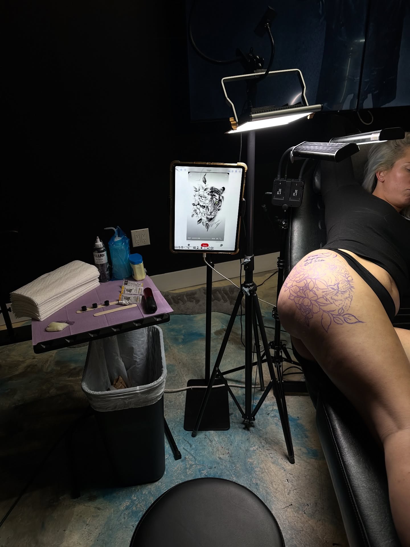 Floral design black and grey tattoo on the thigh by Jay Daartist