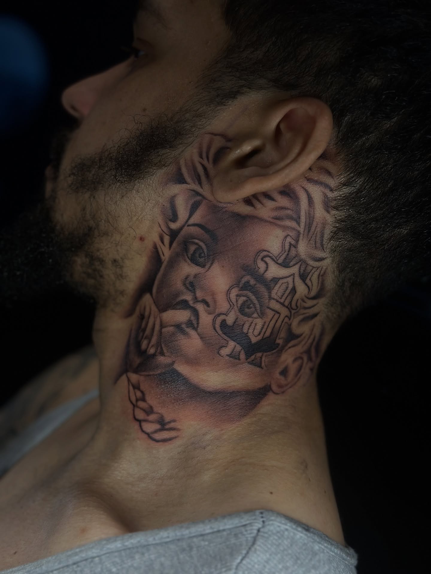 Medusa black and grey tattoo on the neck by Jay Daartist