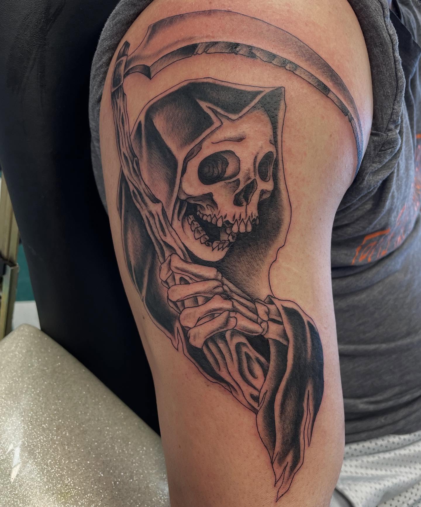 Grim reaper realism tattoo on the shoulder by Dayton Tattoo Artist, Miamisburg, Ohio