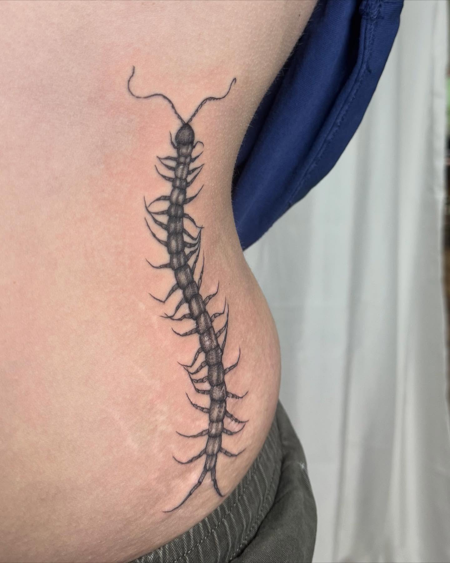 Centipede black and grey tattoo on the ribs by RyAnn Lynn