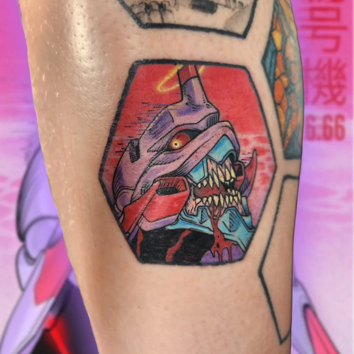 Mecha skull anime tattoo on the forearm by Charlie Woodman